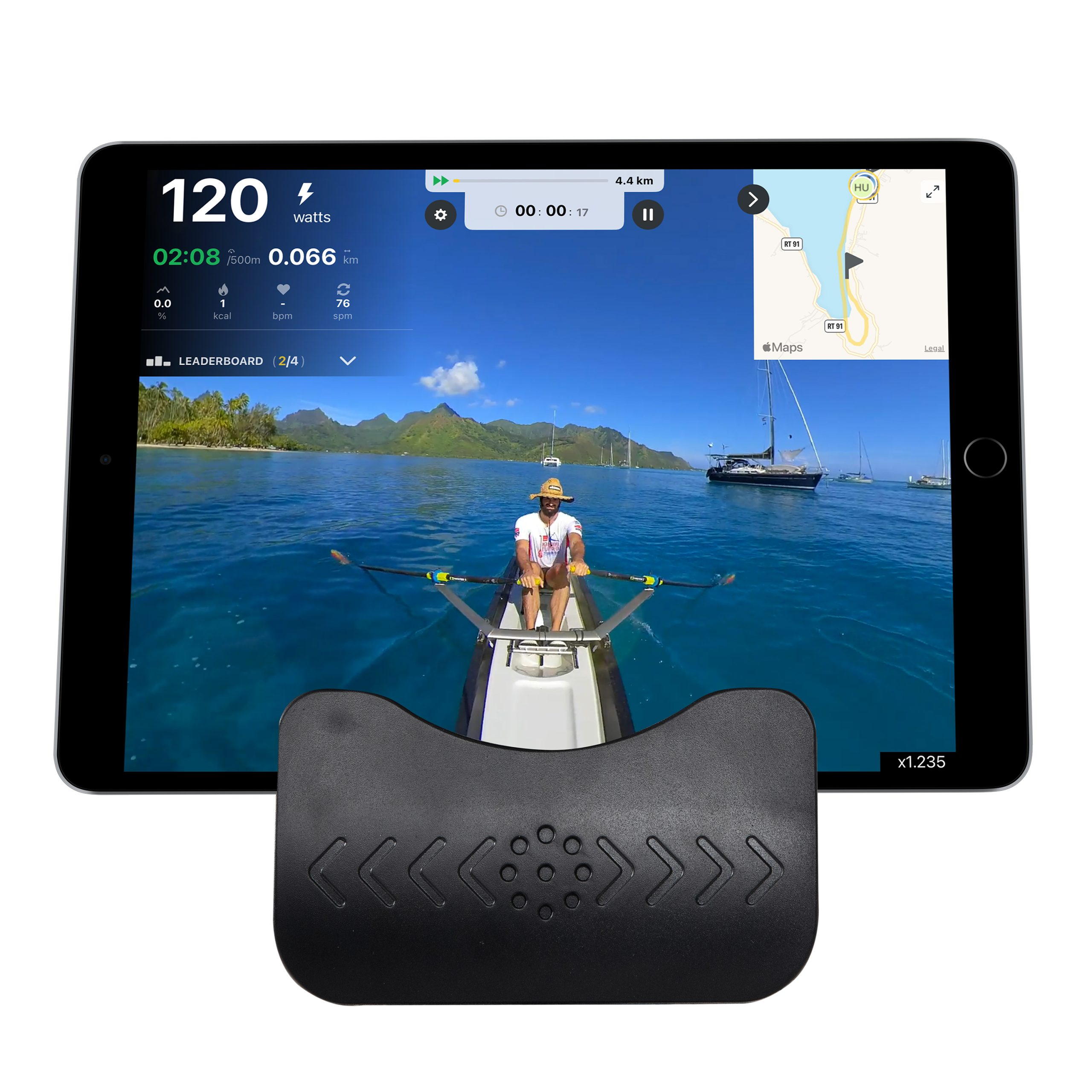 Ein iPad, das eine Rudersimulation anzeigt, mit einer schwarzen Stütze davor.
