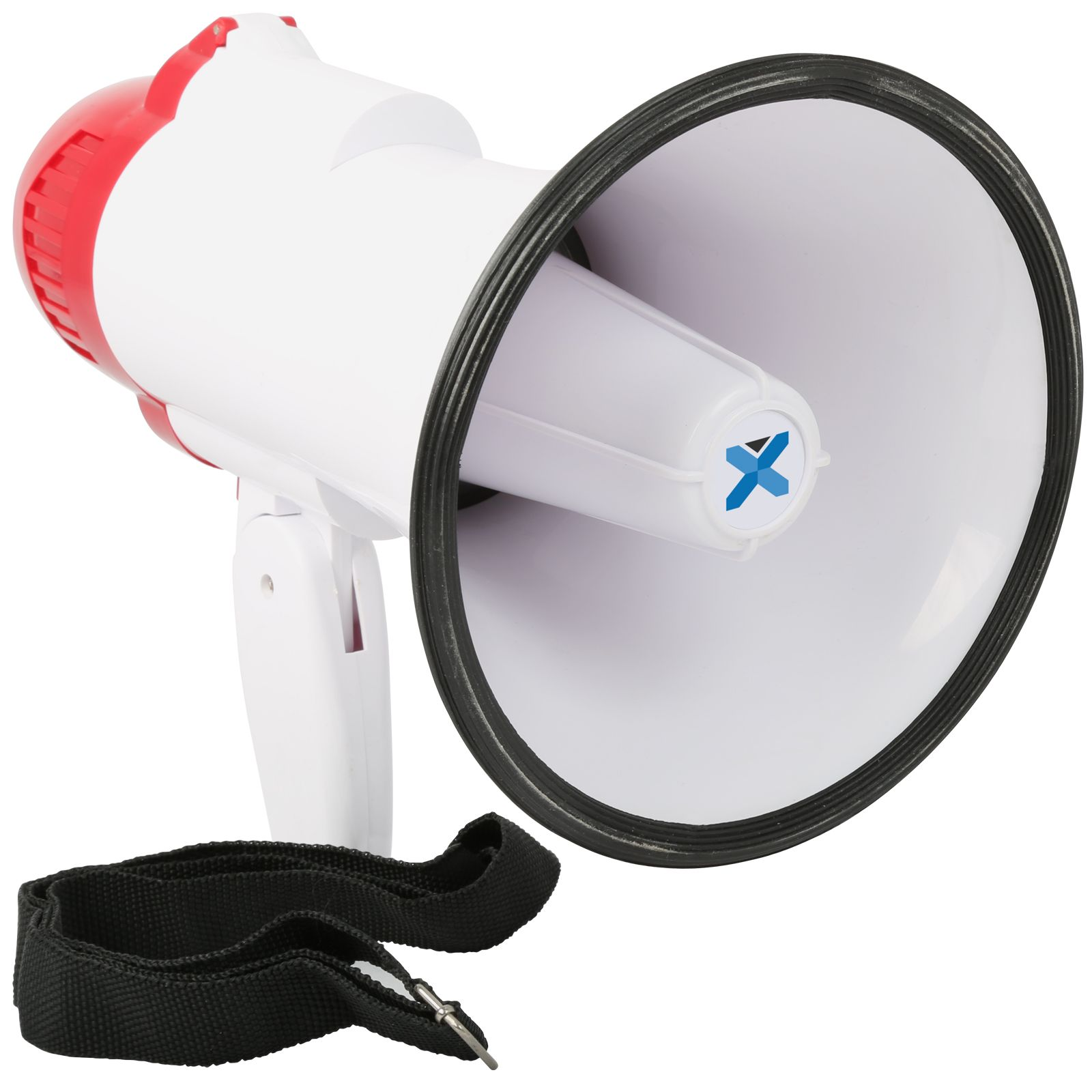 White and red megaphone. Black strap attached. Isolated on white background.