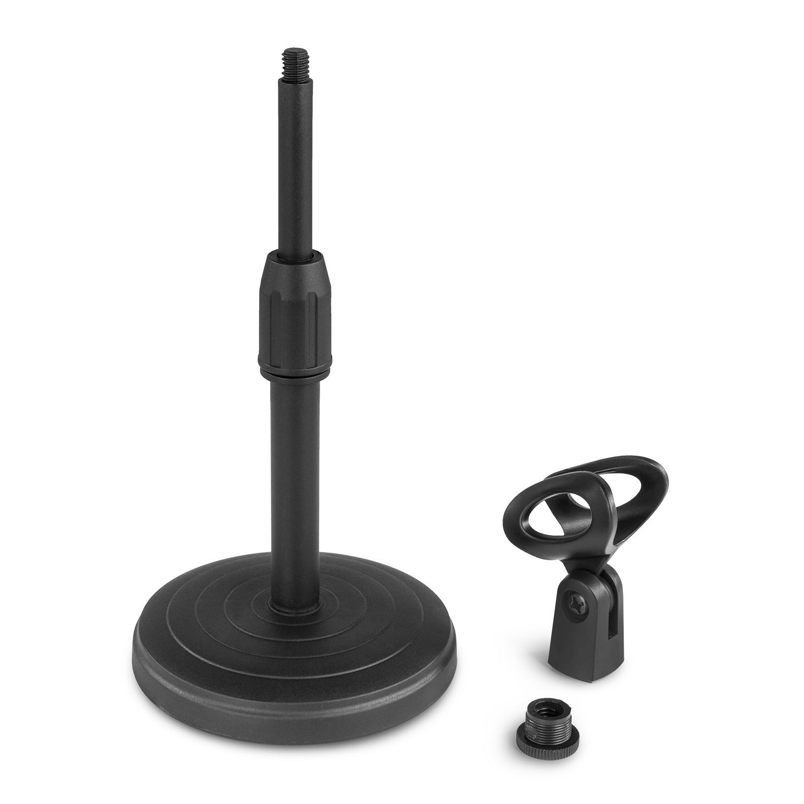 Un soporte de micrófono negro con base redonda y adaptador roscado.