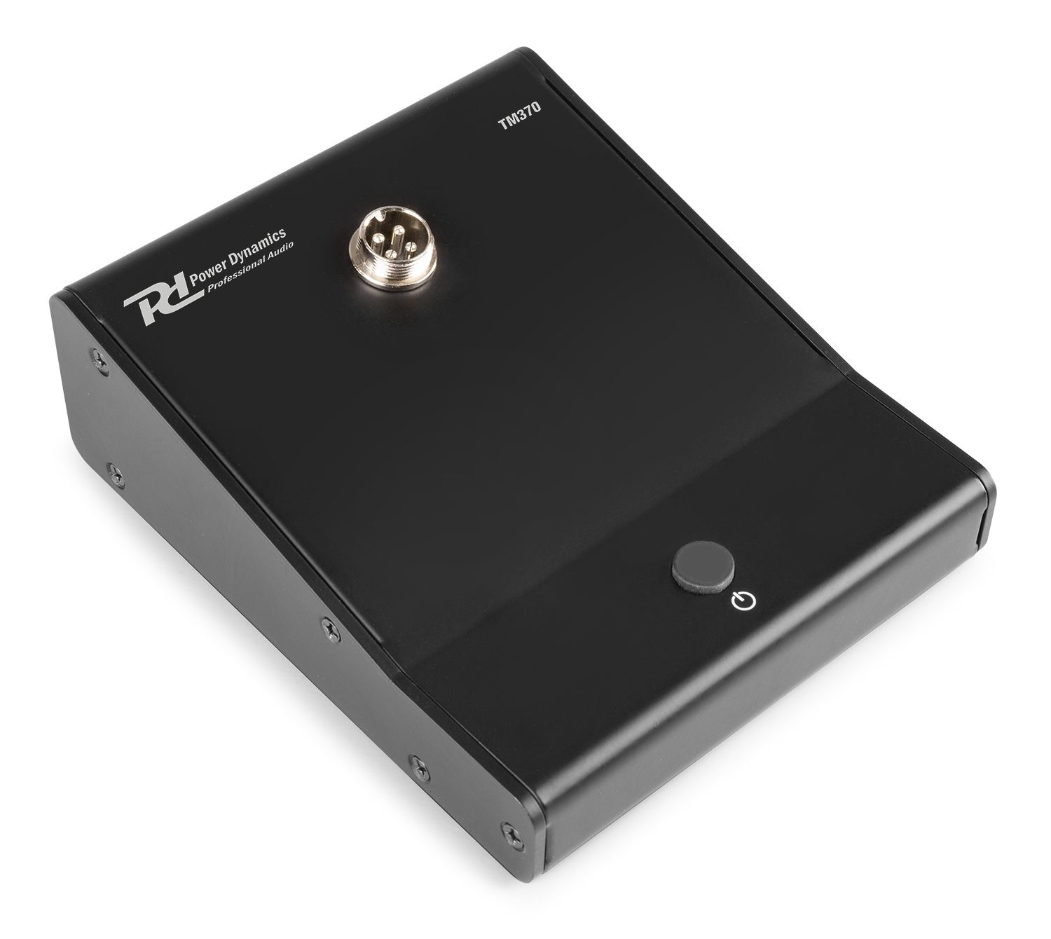 Czarne prostokątne urządzenie z okrągłym portem. Szary przycisk z przodu.