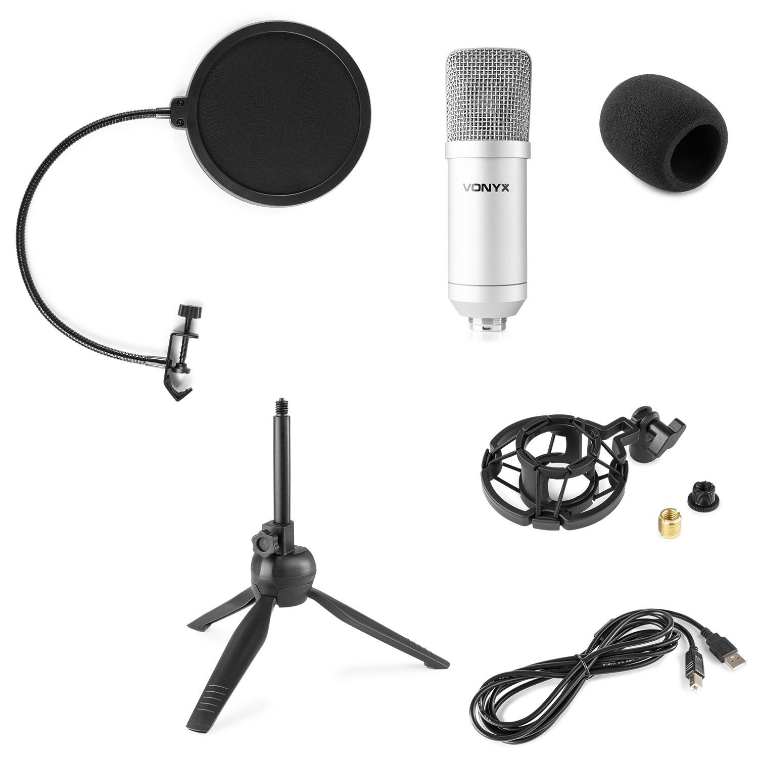 Un conjunto de accesorios de micrófono: un micrófono plateado, filtro anti-pop, soporte, cubierta de espuma y cable sobre blanco.