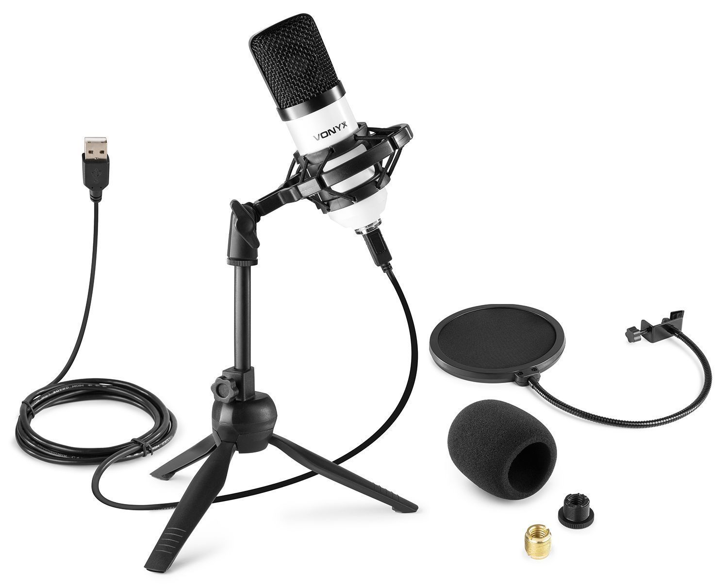 Micrófono blanco y negro con accesorios. Incluye soporte, soporte antivibración, filtro antipop y cubierta de espuma.