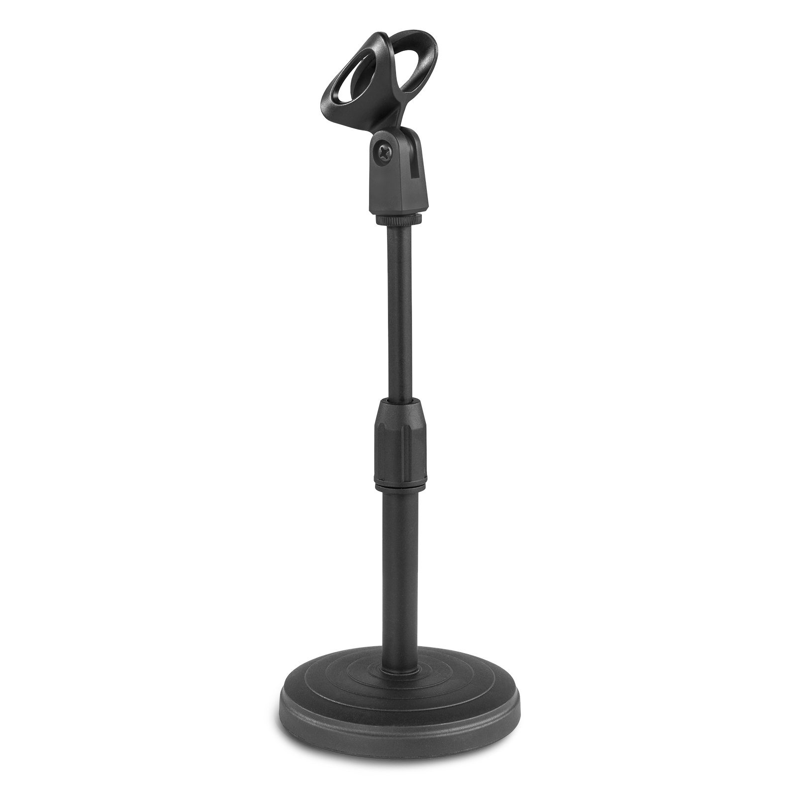 Un soporte de micrófono negro con una base circular. El soporte tiene ajustes de altura ajustables.