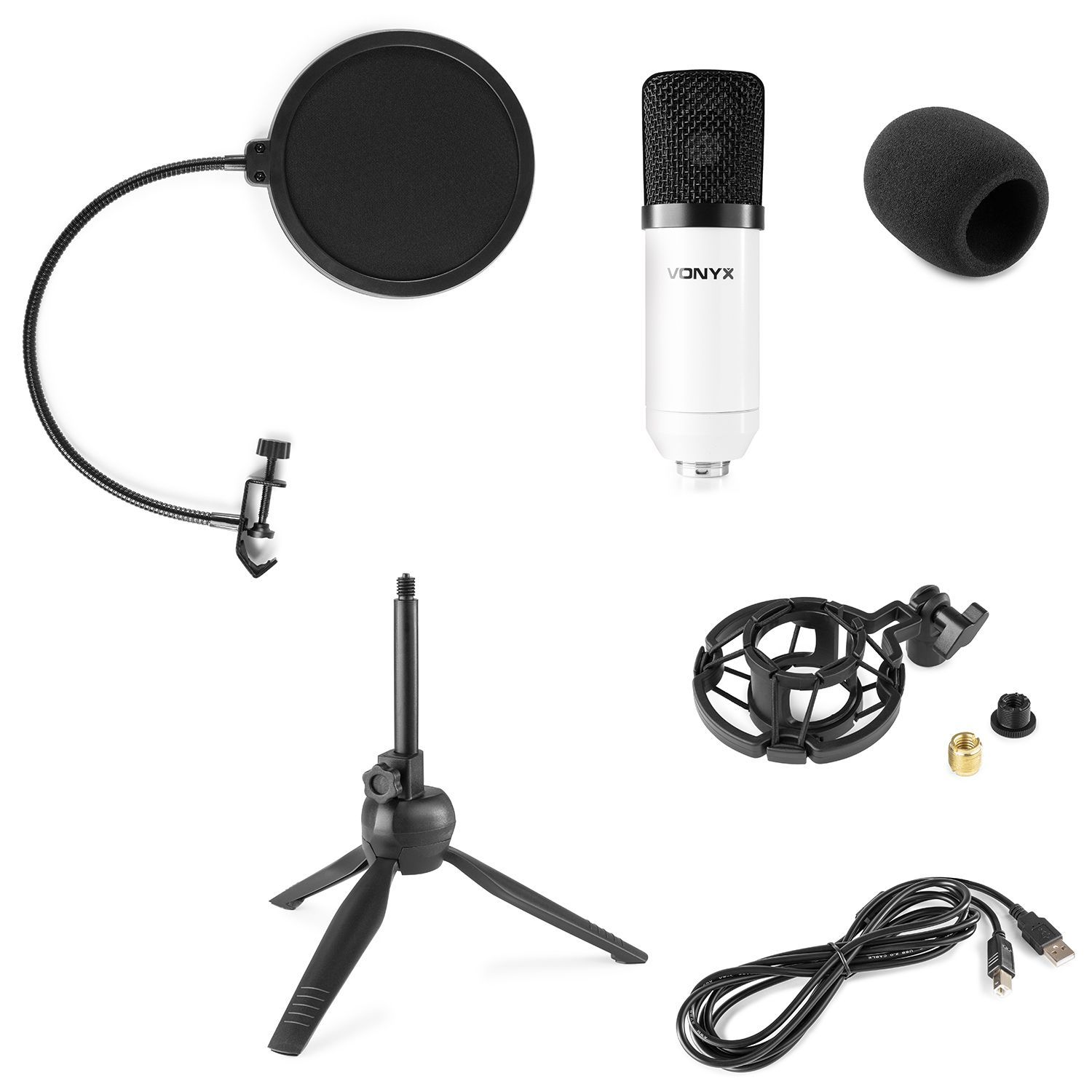 Configuración de micrófono con varias partes, incluyendo un soporte y un filtro antipop.