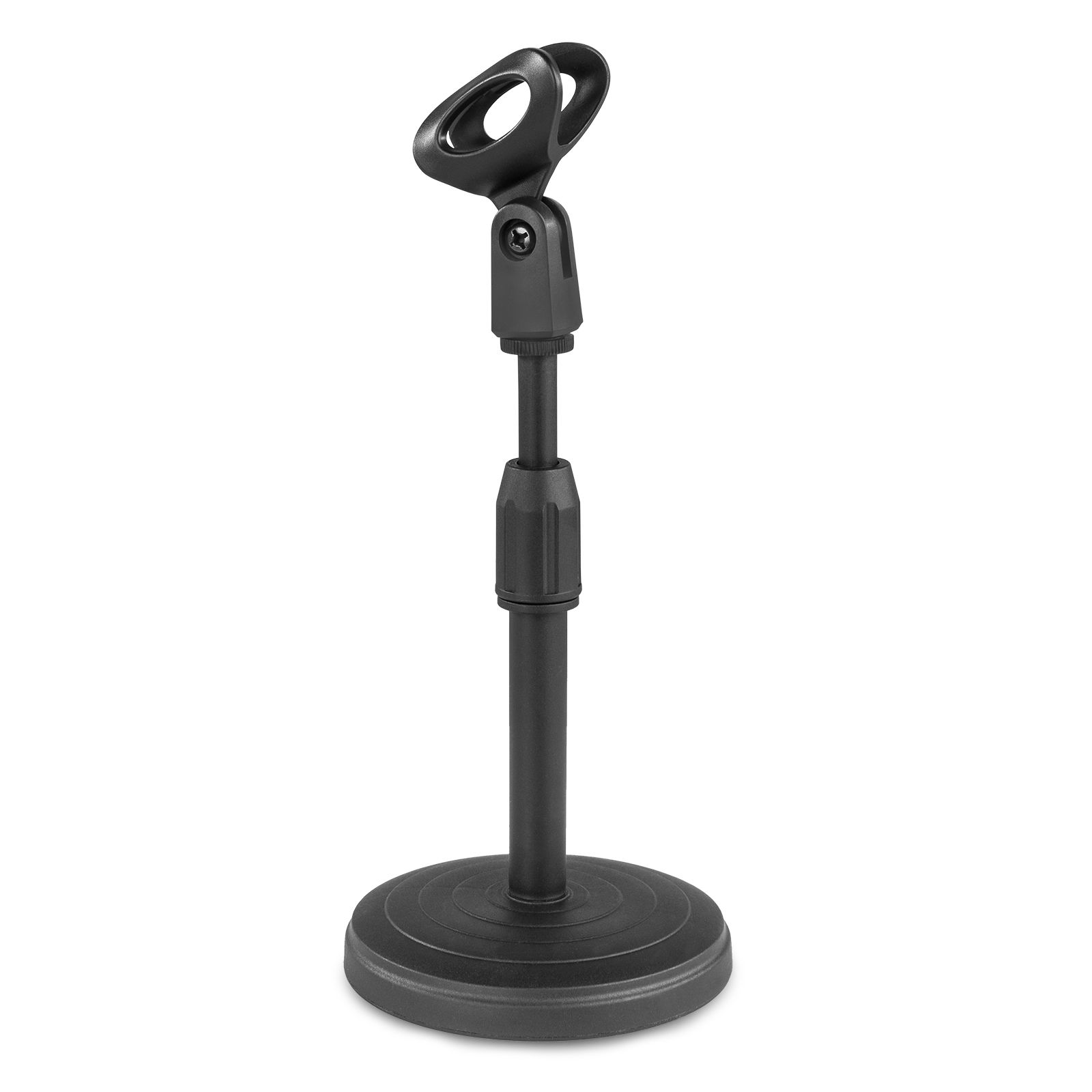 Soporte de micrófono negro con base redonda, sujetando una pinza de micrófono. El soporte está sobre fondo blanco.