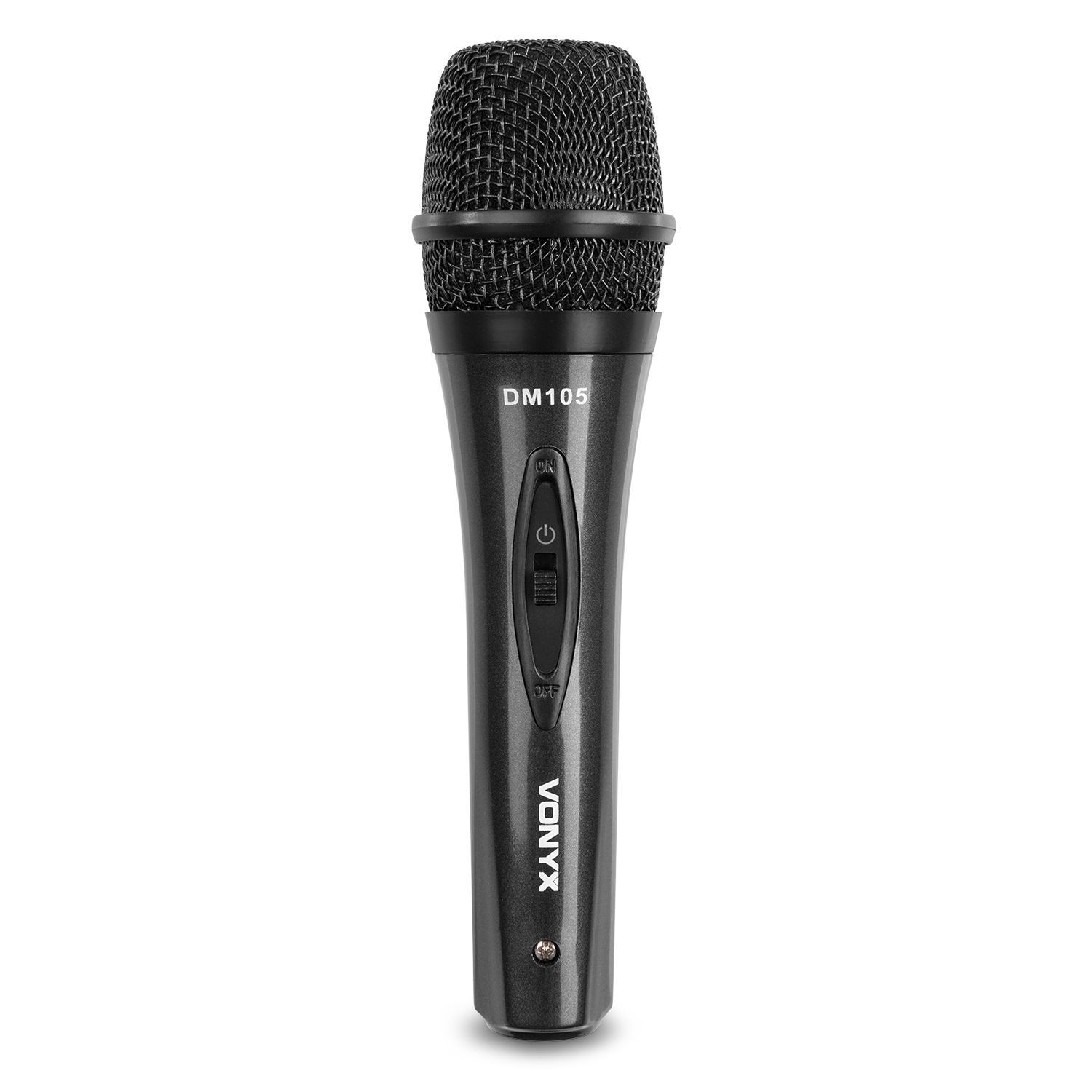 Un micrófono negro con el texto 'DM105' y la marca 'VONYX'. Tiene un interruptor de encendido.