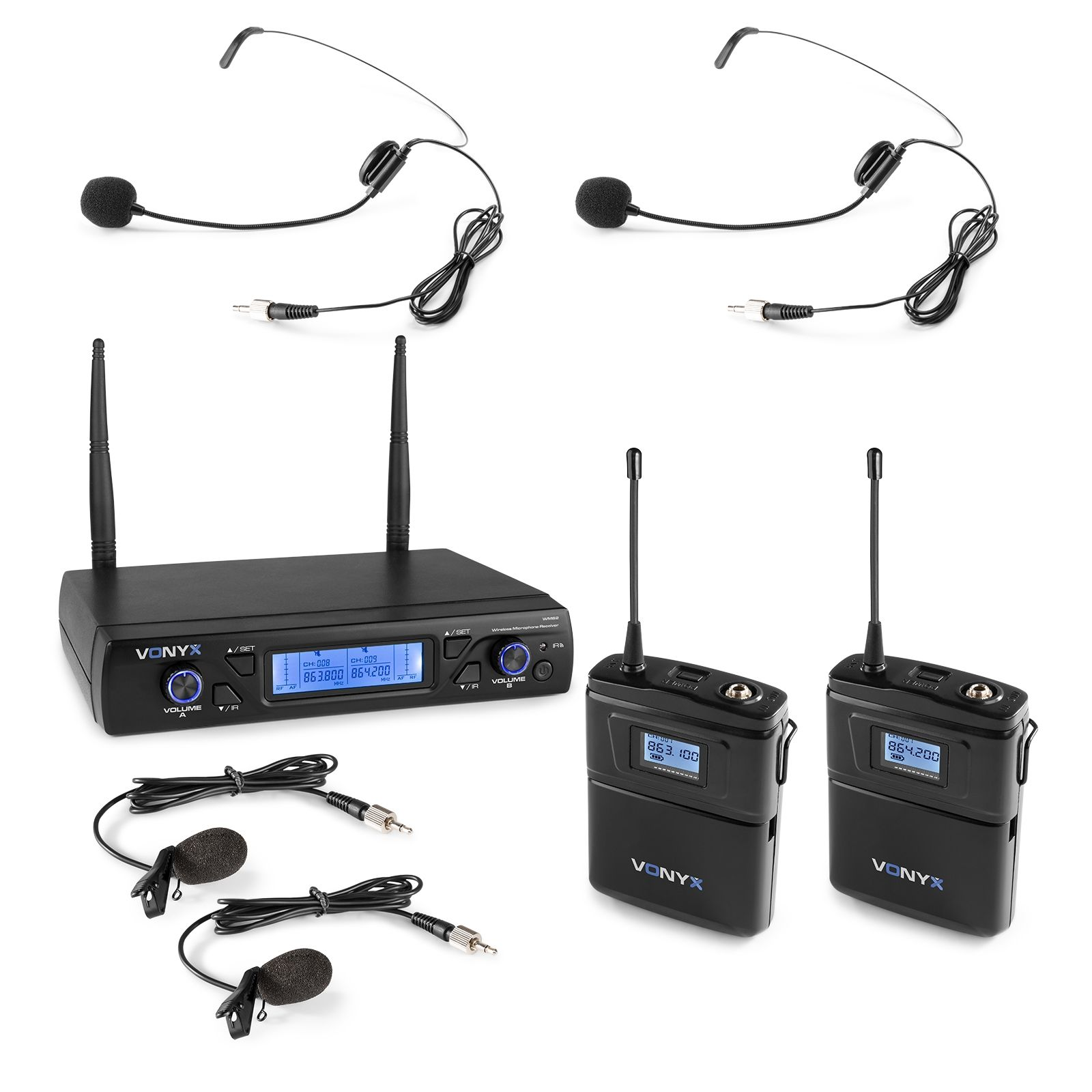 Wireless microphone set with headset mics and transmitters. Black. White background.