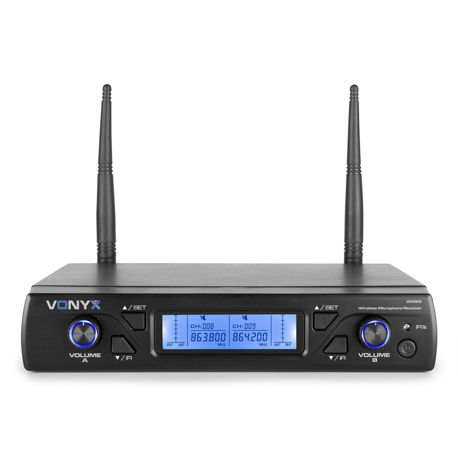 Black wireless microphone receiver with antennas. Two knobs and a display are visible.