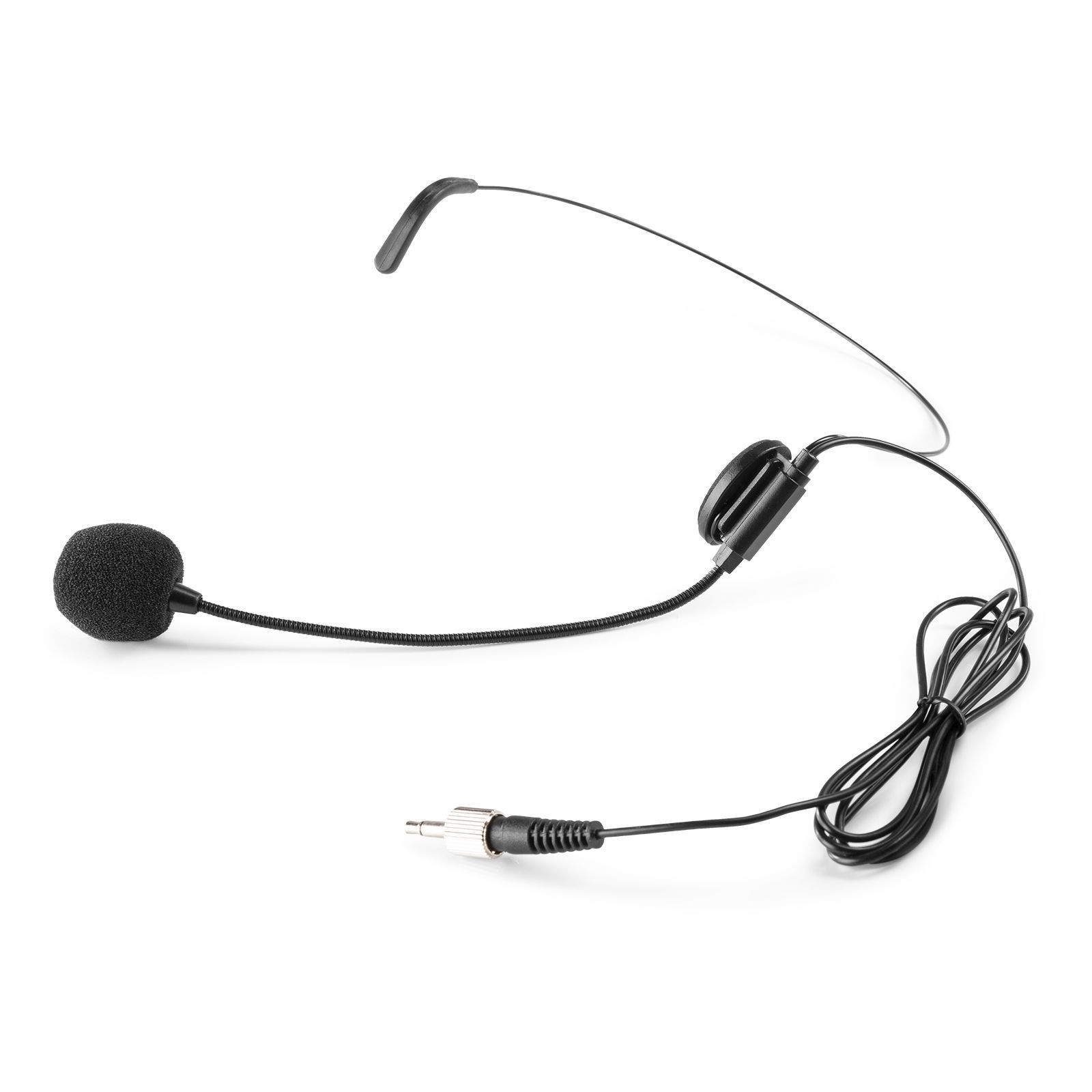 A black headset microphone with a cable ending in a connector, on a white background.