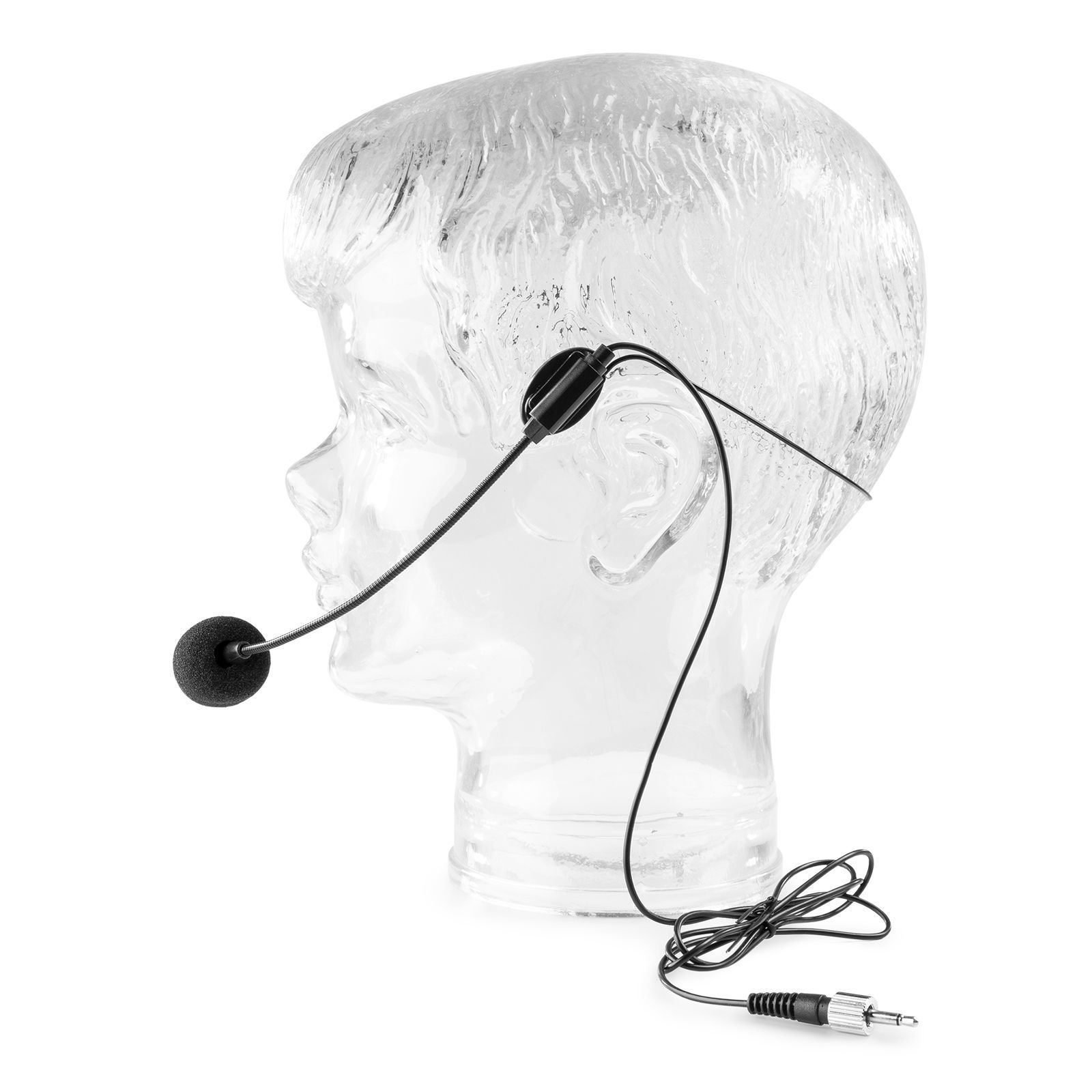 Headset microphone on a transparent head model. White background.
