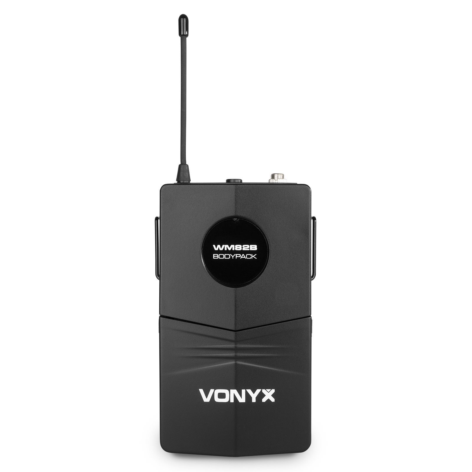 Black Vonyx WM82B bodypack wireless microphone transmitter with antenna on a white background.