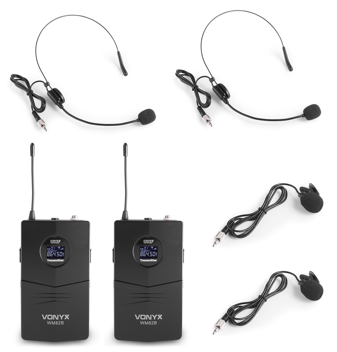 Two wireless headset microphones, two transmitters, and two lavalier microphones.