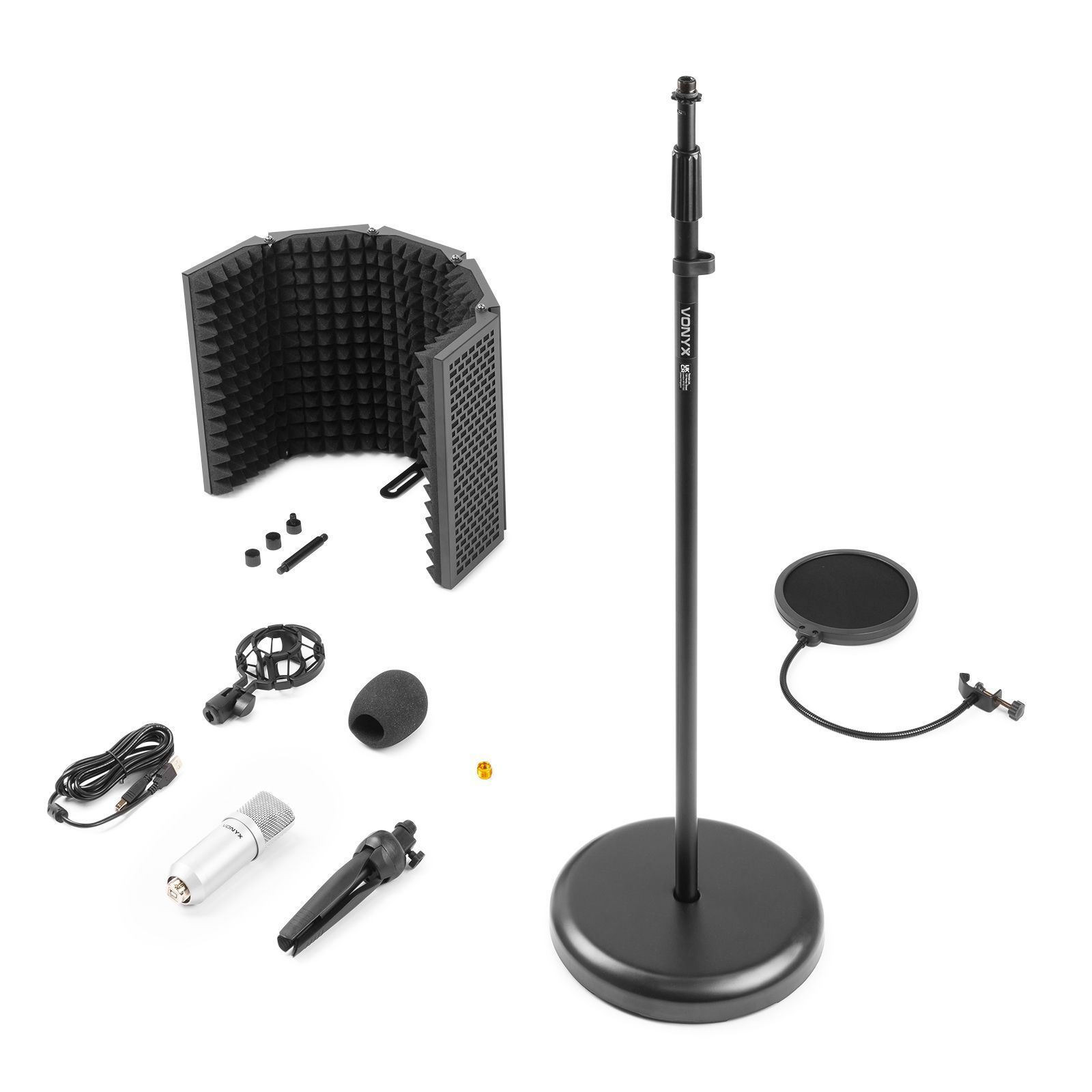 Microphone, pop filter, and stand components. White background.