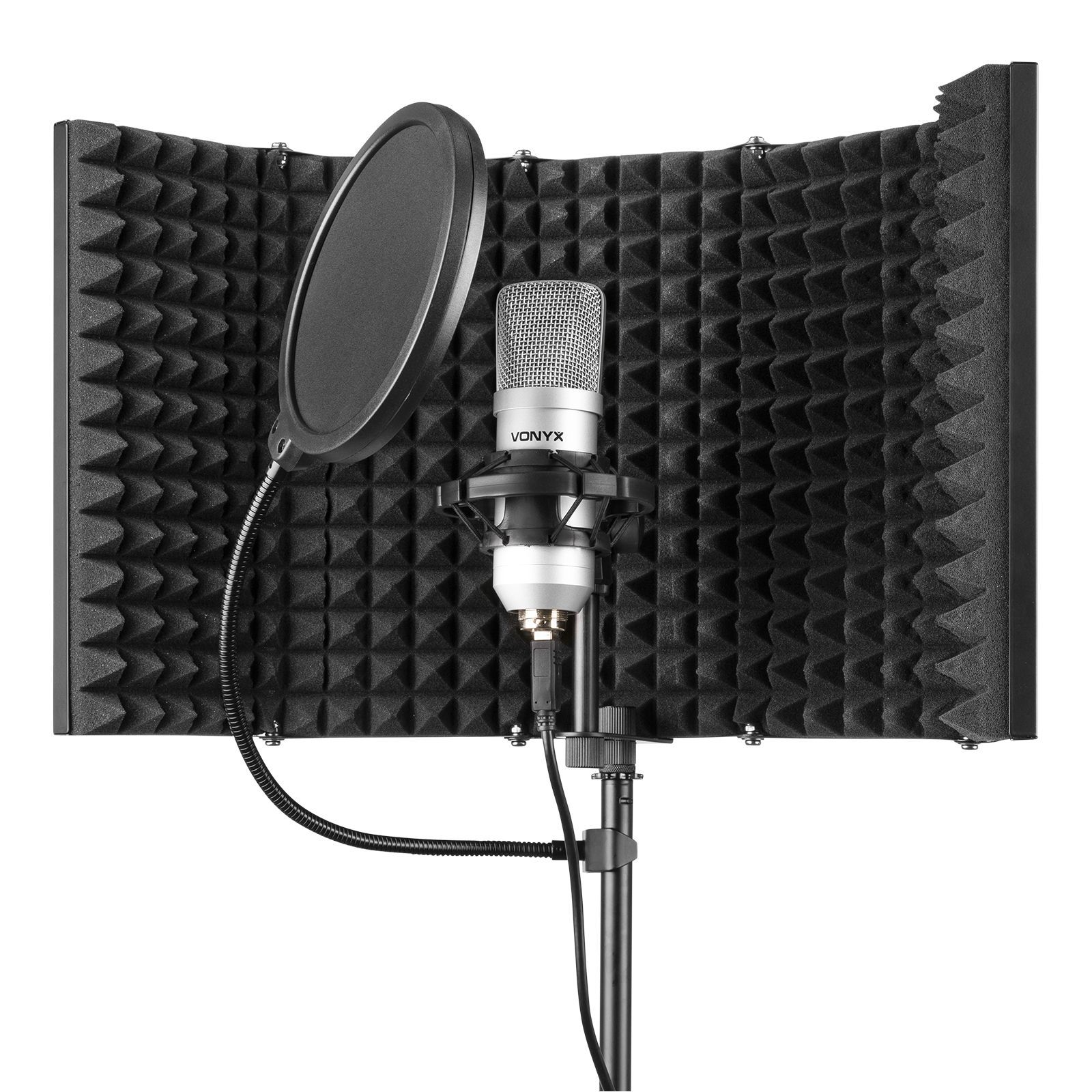 A microphone with a pop filter and a sound-absorbing panel. The microphone is silver.