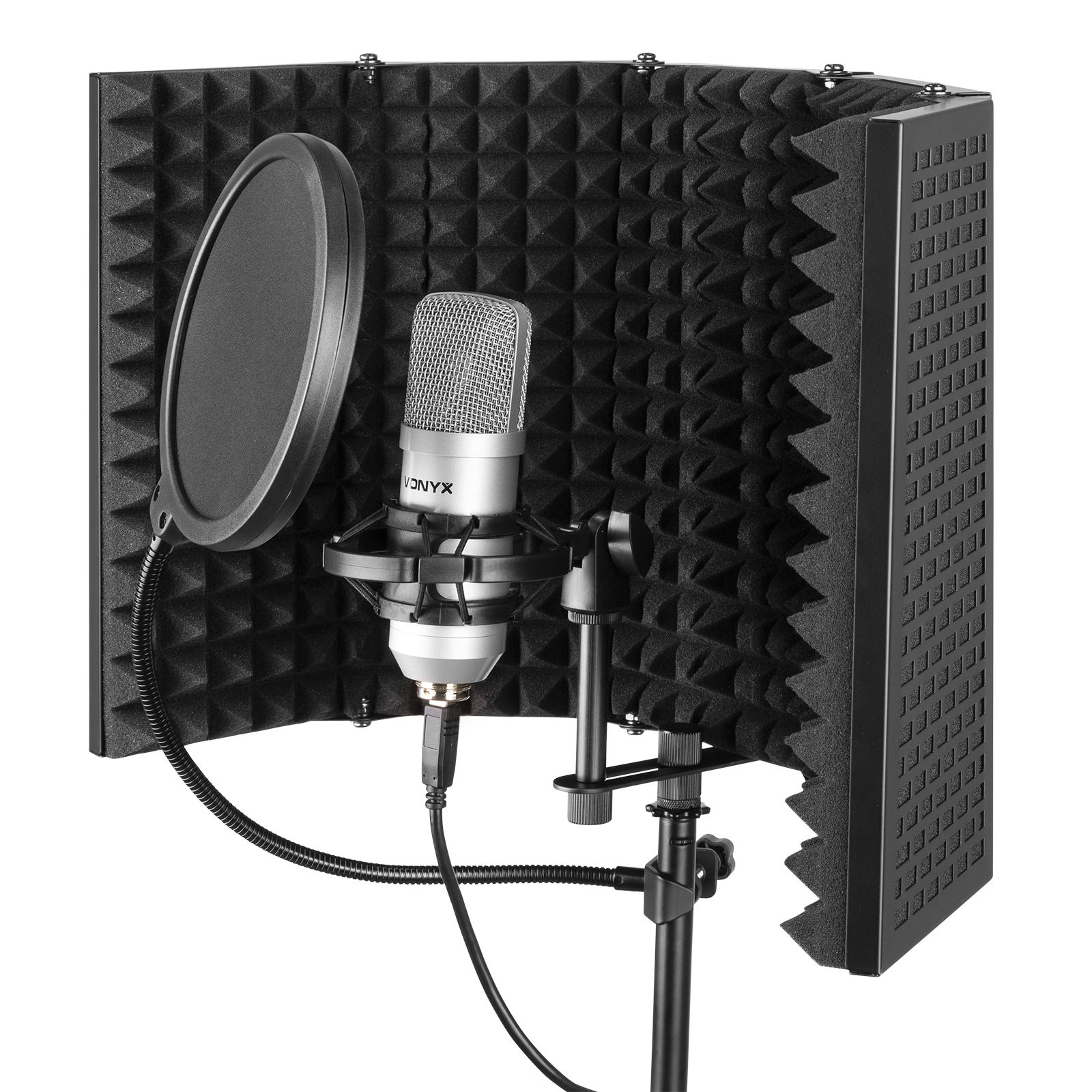Microphone, pop filter, and sound shield on a stand.