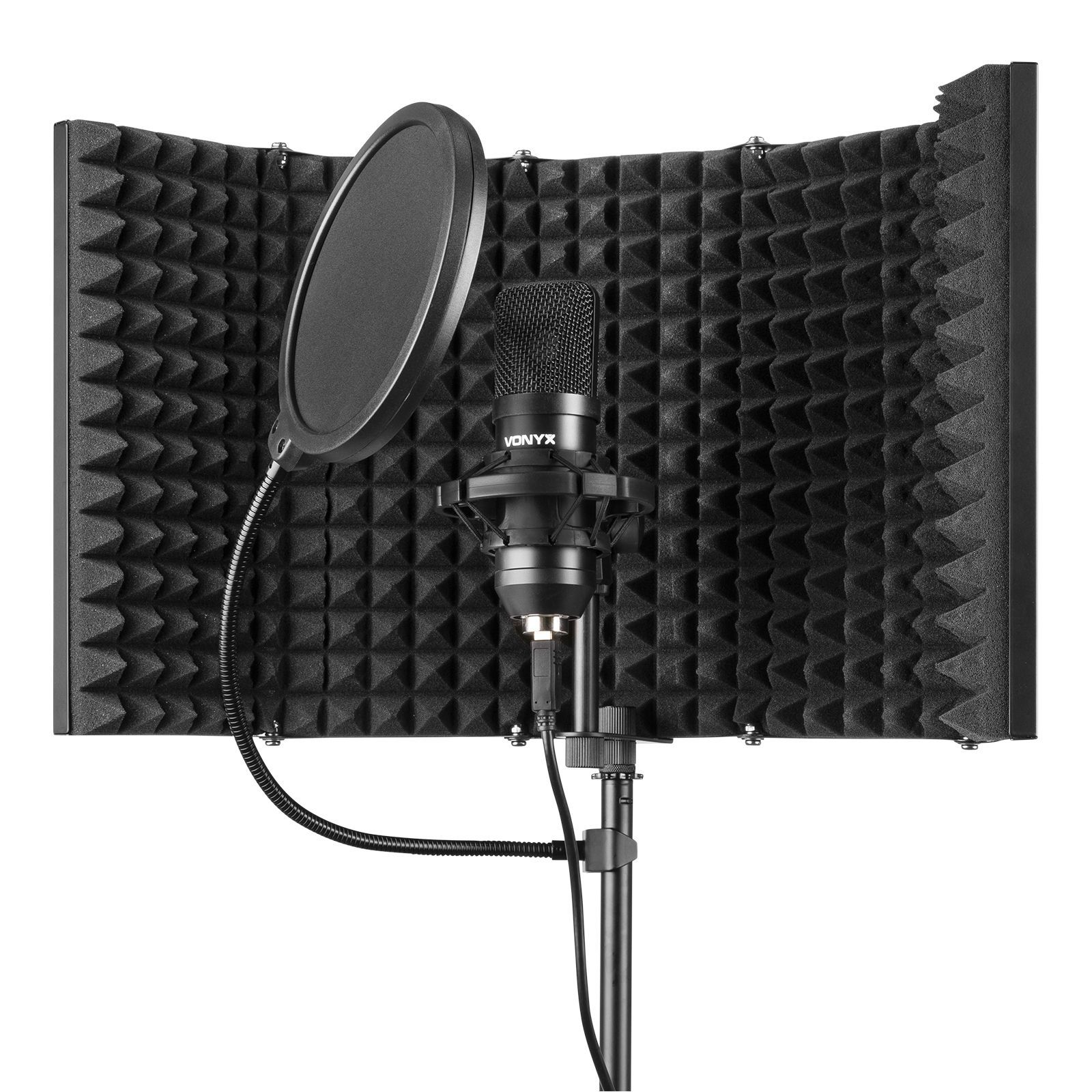 Microphone in a pop filter and soundproofing, on a stand, with a black background.