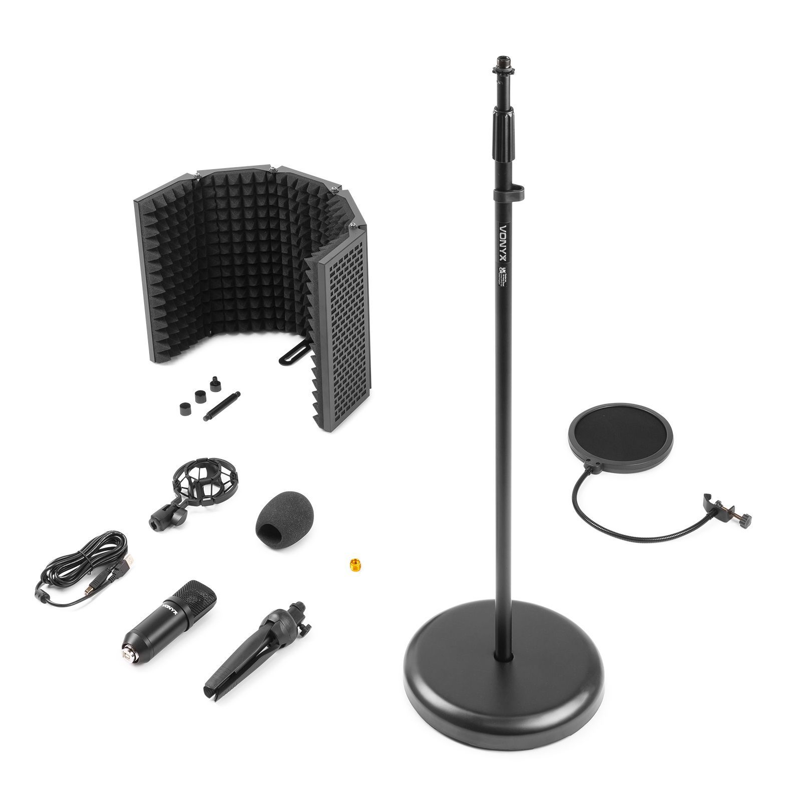 Black microphone with accessories on a white background. Includes stand, mic, pop filter, and cable.