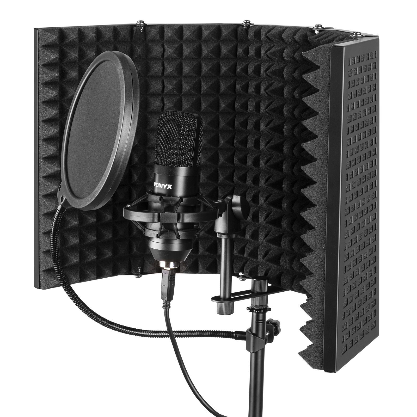 A microphone in a sound booth, with foam panels and a pop filter.