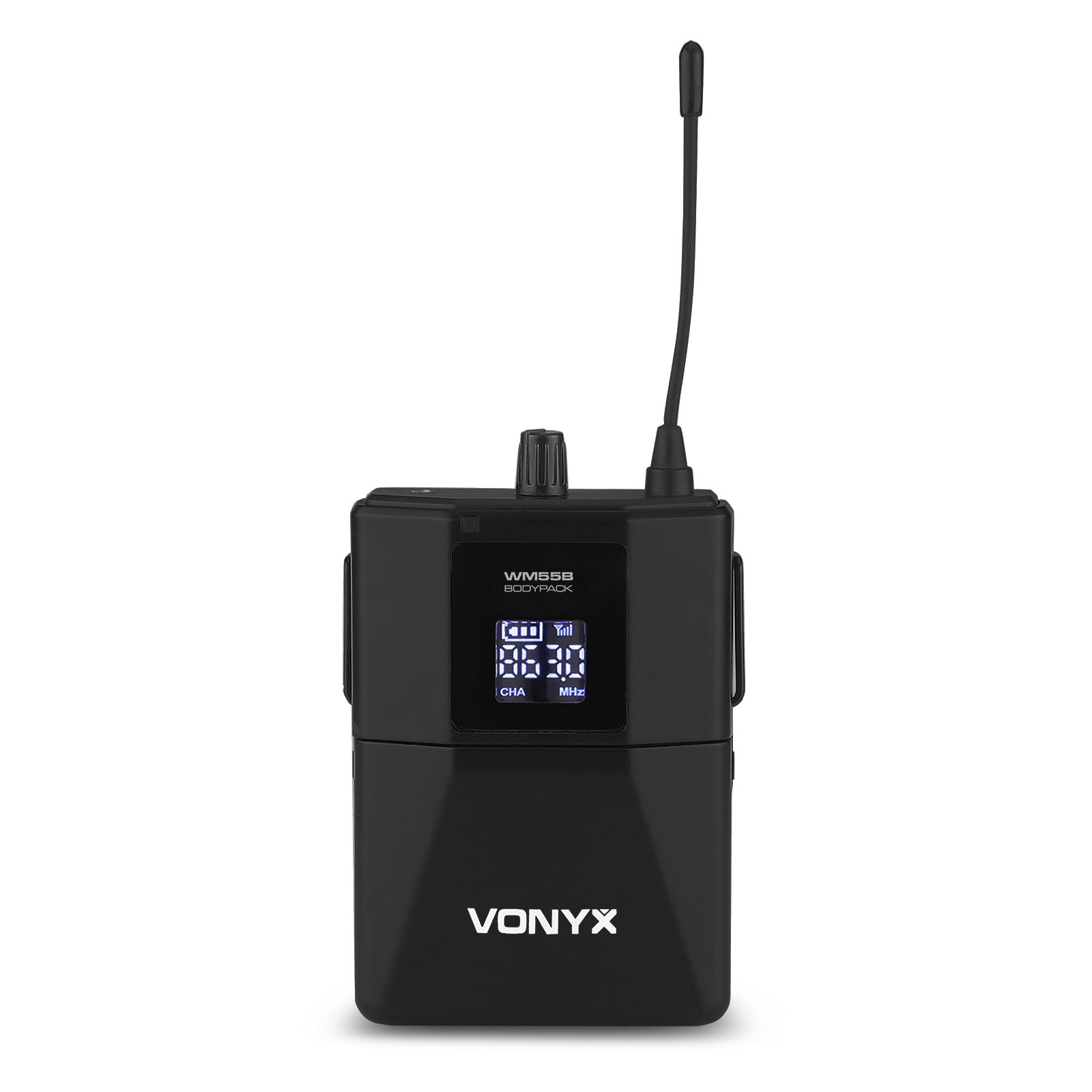 Black wireless microphone receiver with antenna and display. It has buttons and the brand name VONYX.