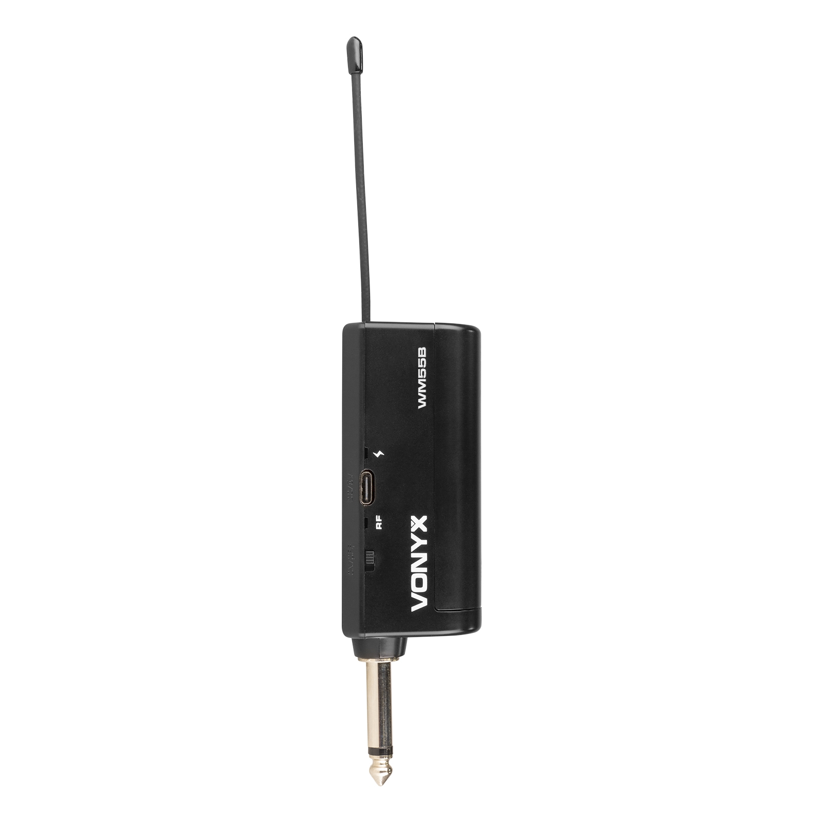 A black wireless microphone transmitter with an antenna. It has a charging port and brand name 'VONYX'.