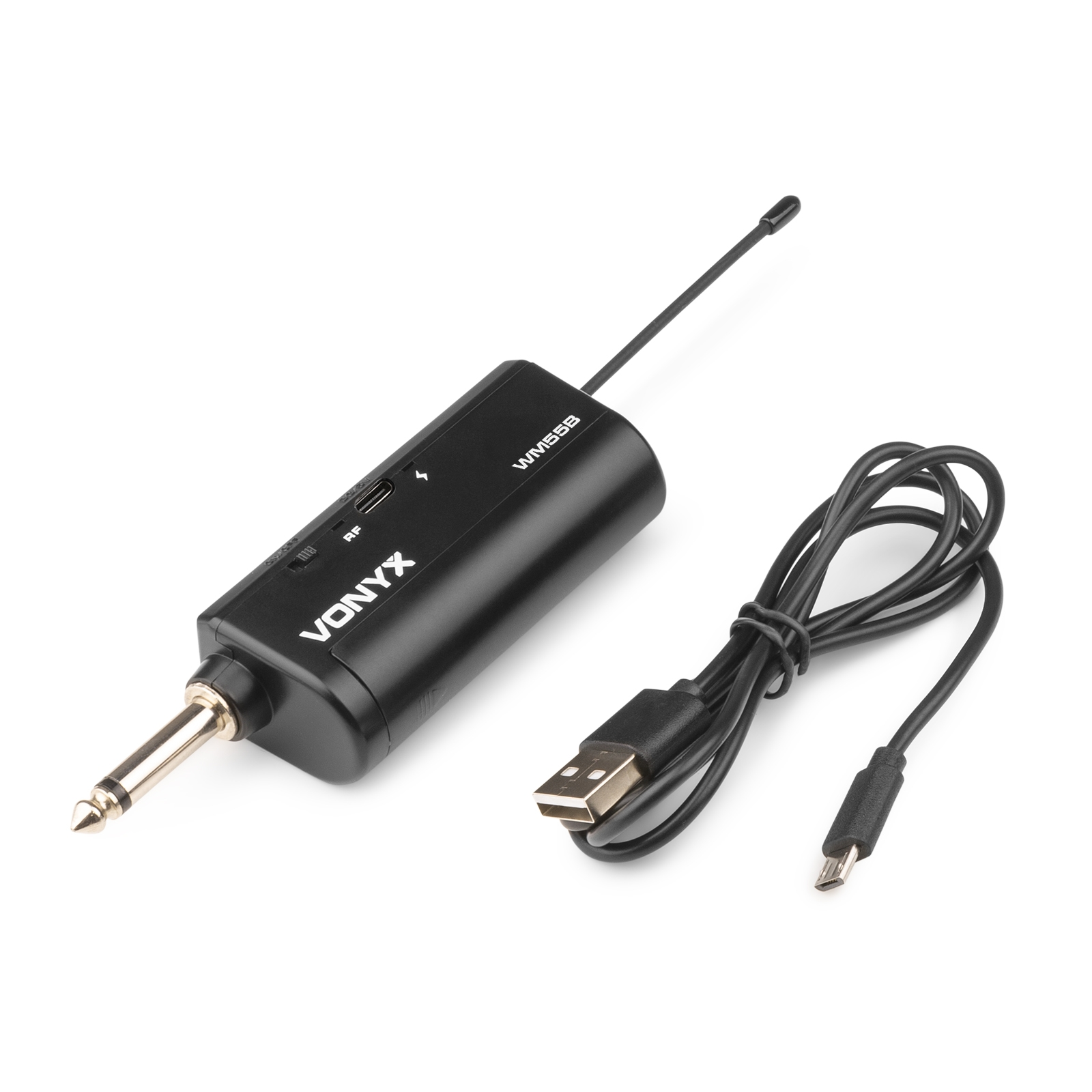 Black Vonyx wireless microphone transmitter with a USB cable.