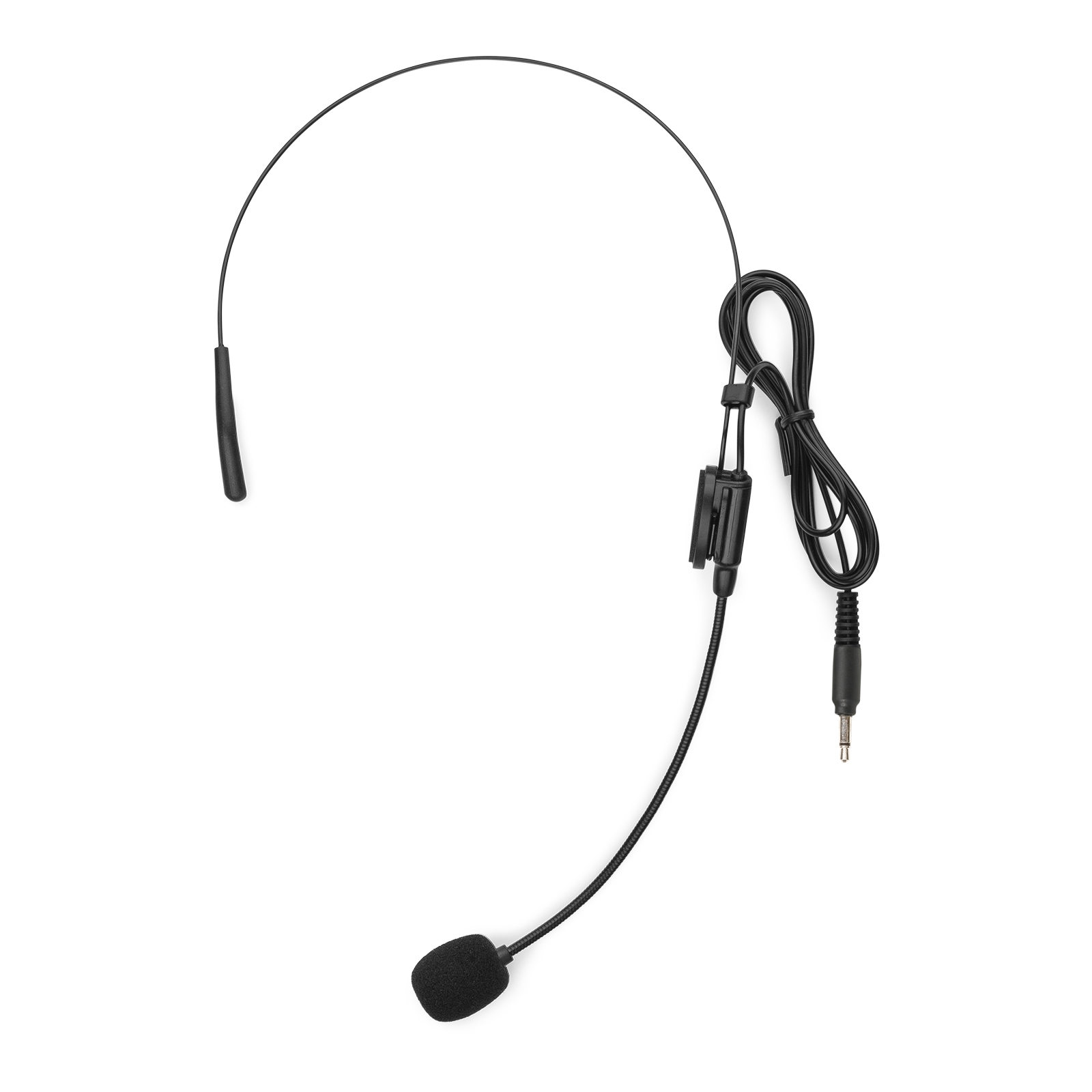 Head-worn microphone with a small black microphone and a 3.5mm jack plug.