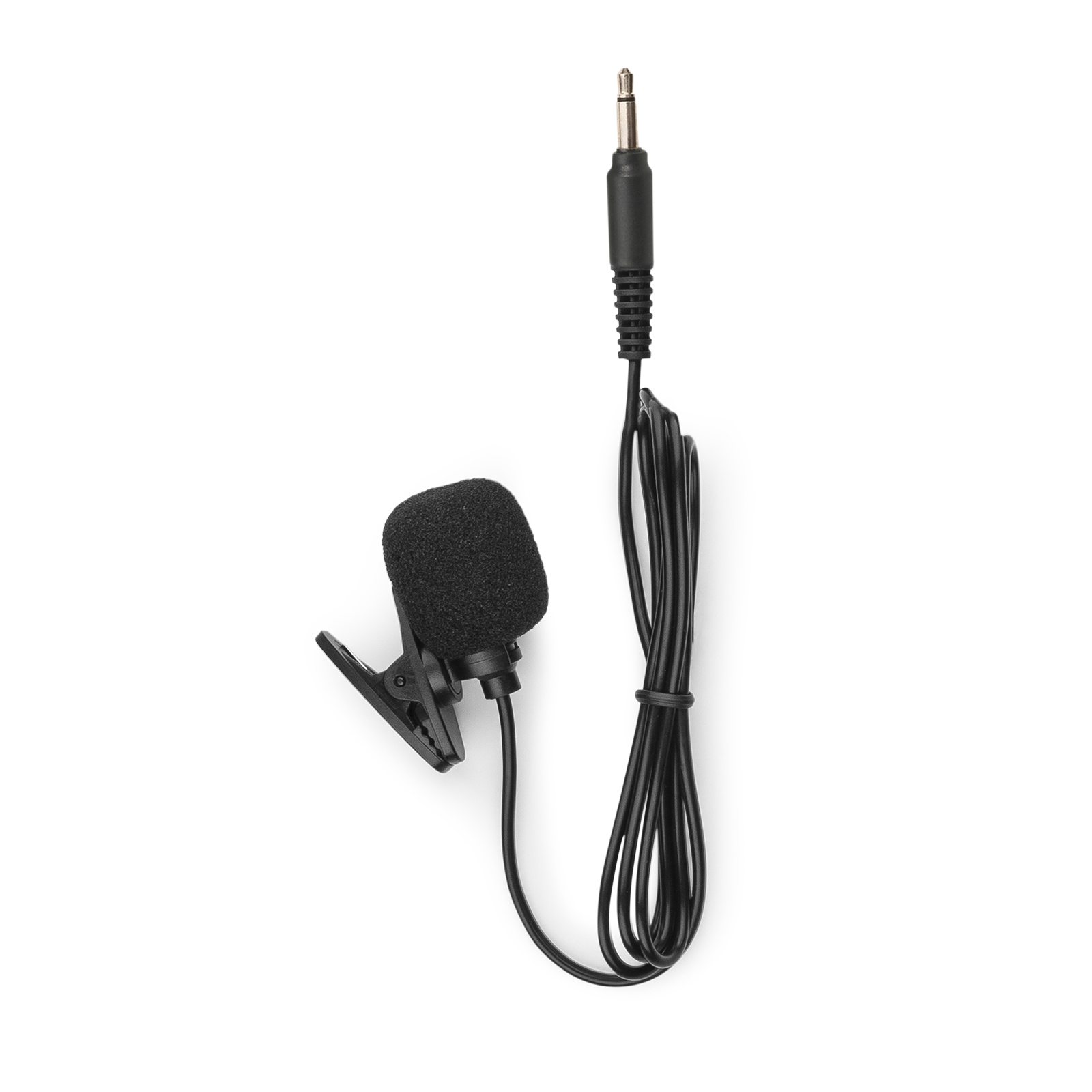 A black microphone with a clip and a black cable.