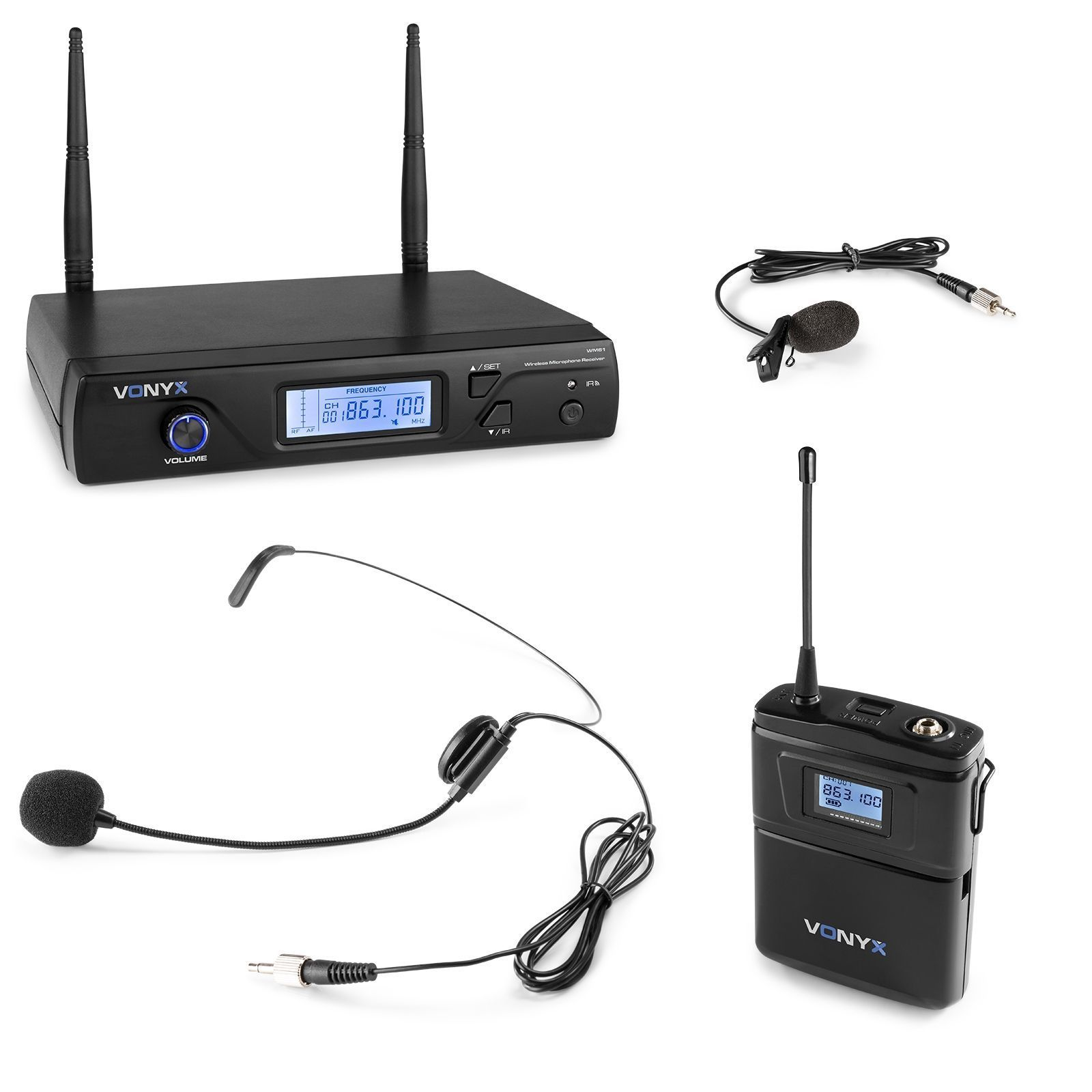 A wireless microphone system with a receiver, transmitter, and head-worn microphone.