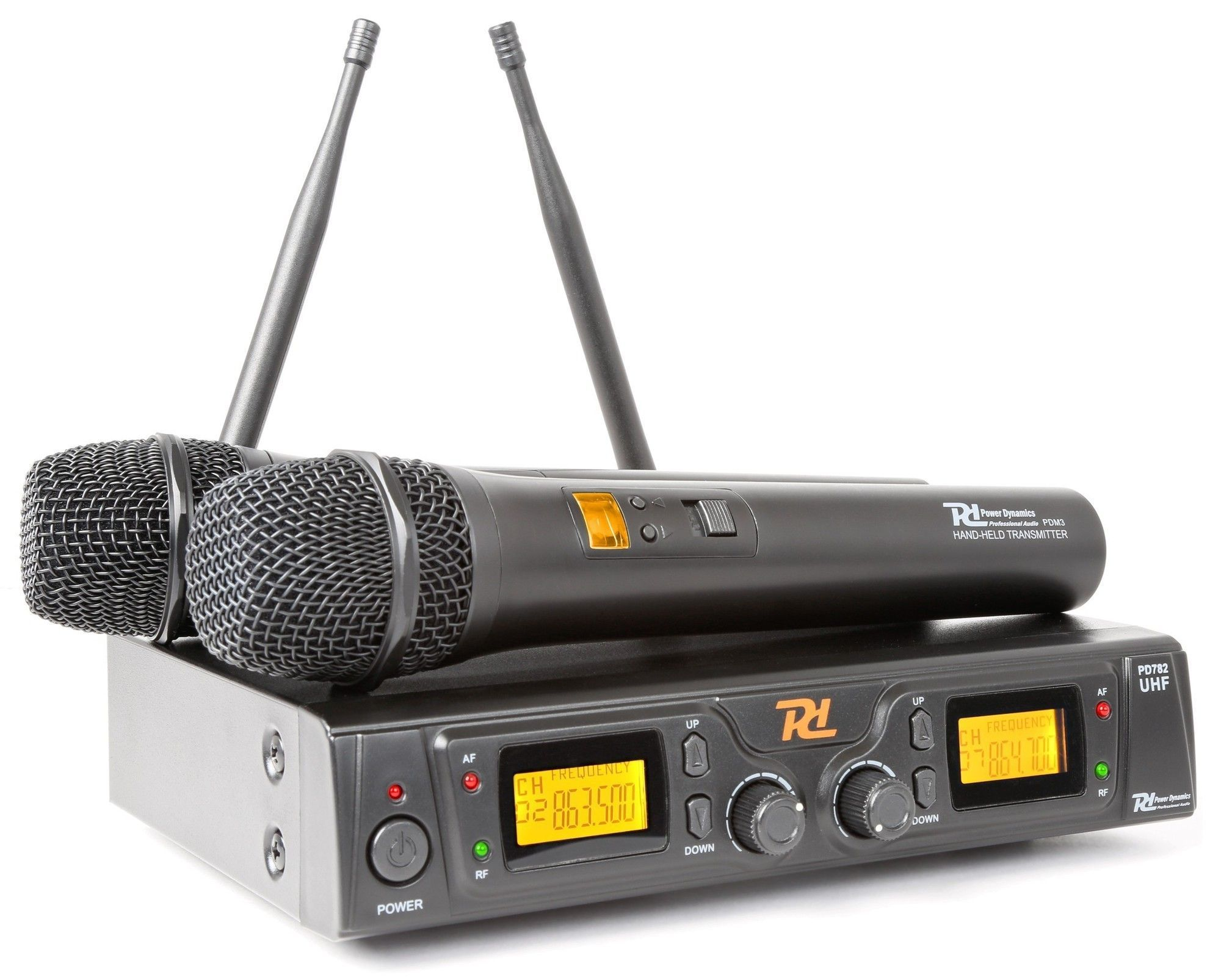 A set of wireless microphones and a receiver with a display.