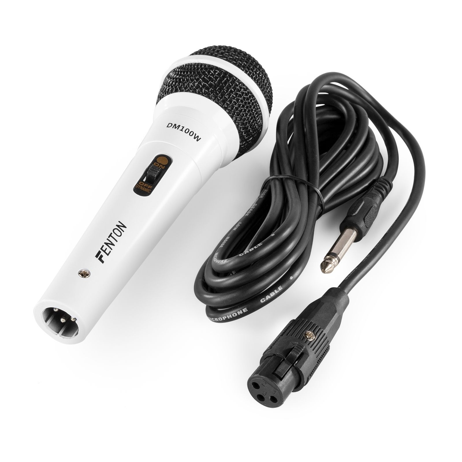 White microphone with black mesh head, black cable and connector. Text: Fenton DM100W.