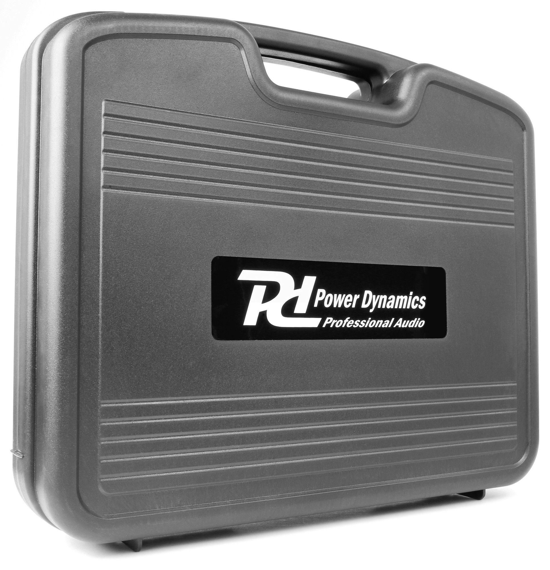 A gray, hard-shell case with the 'Power Dynamics' logo, for professional audio equipment.
