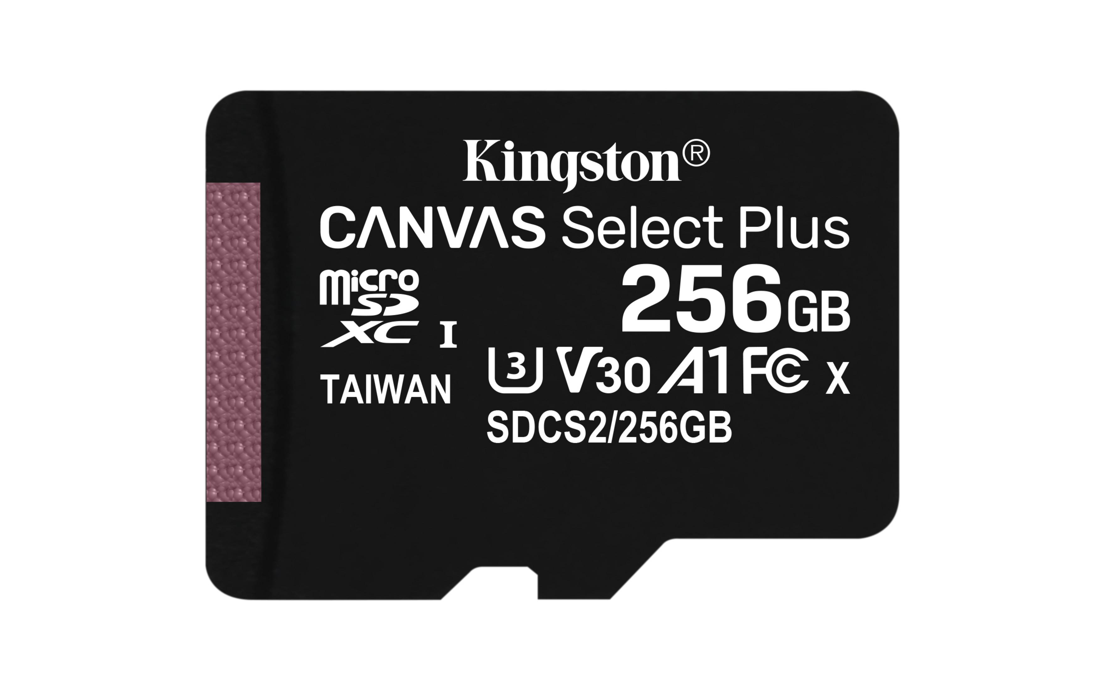 Tarjeta microSD negra Kingston con texto blanco sobre fondo blanco.