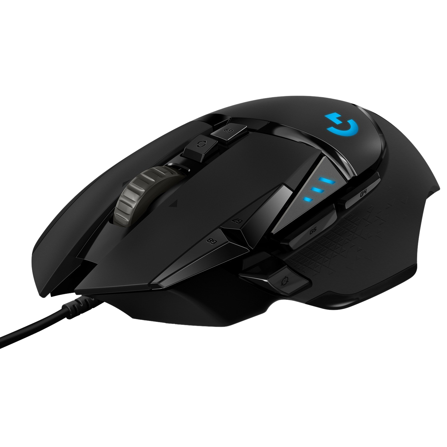 Black gaming mouse with multiple buttons and a logo.
