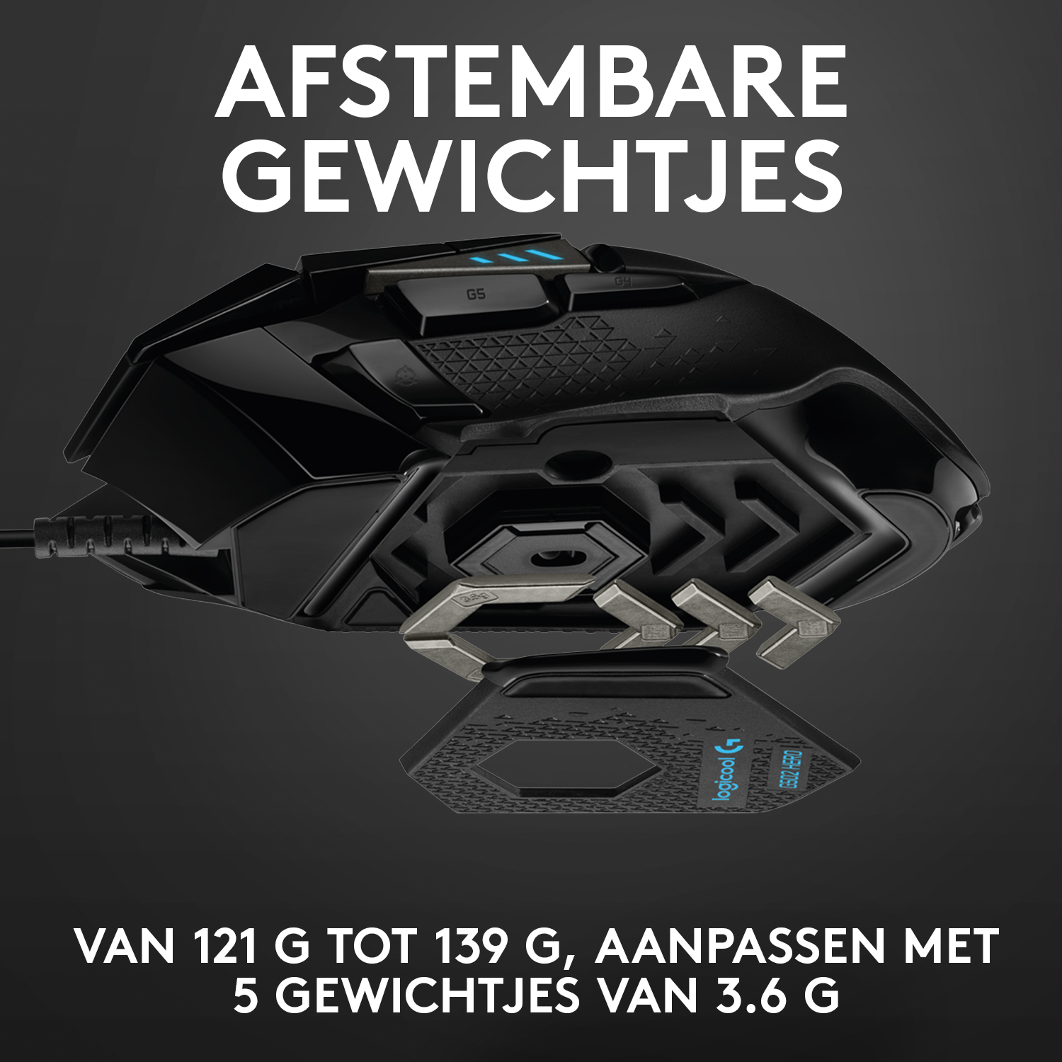 Black gaming mouse with adjustable weights. Shows the mouse's bottom part with weight adjustments.