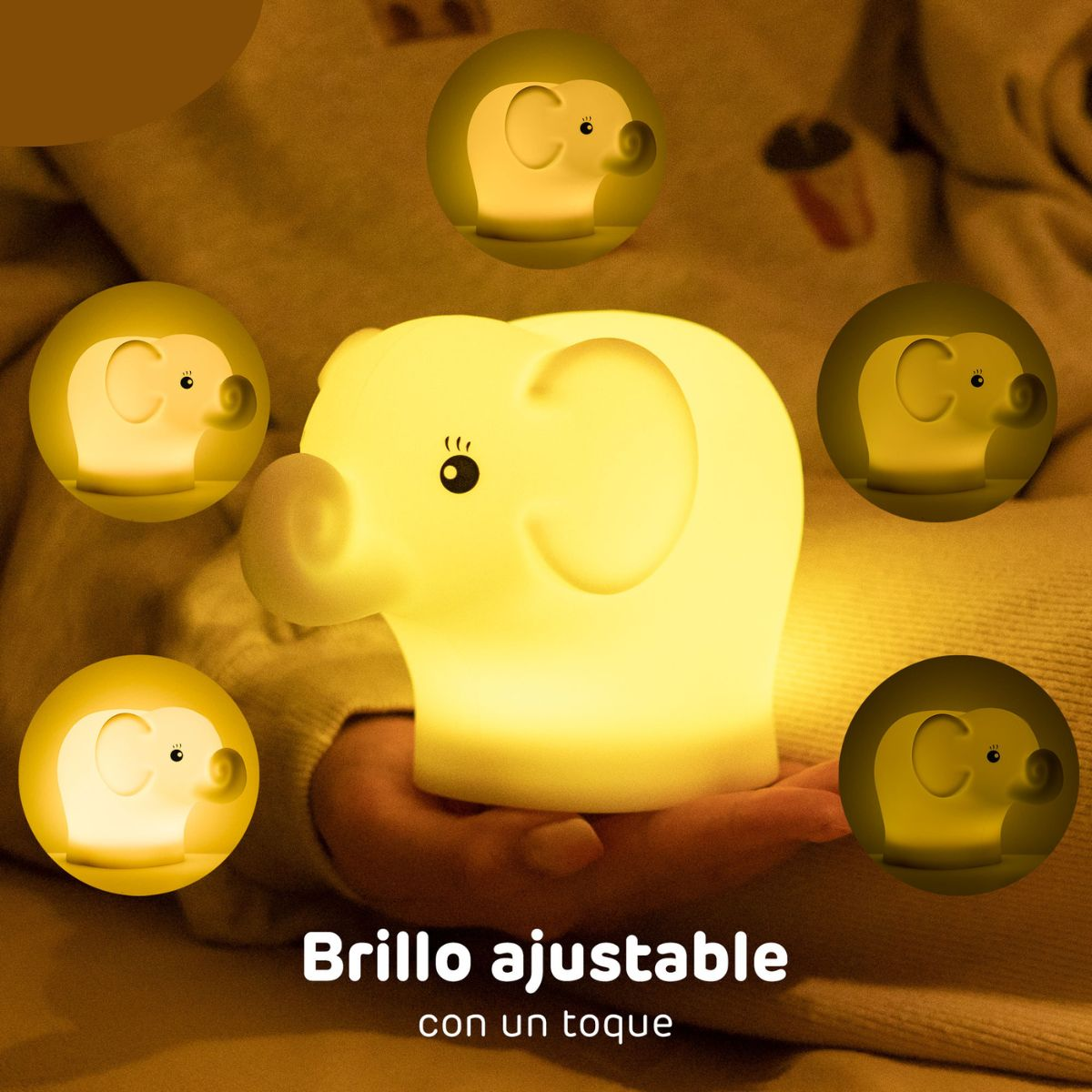 Luz nocturna de elefante amarillo con brillo ajustable y múltiples luces.
