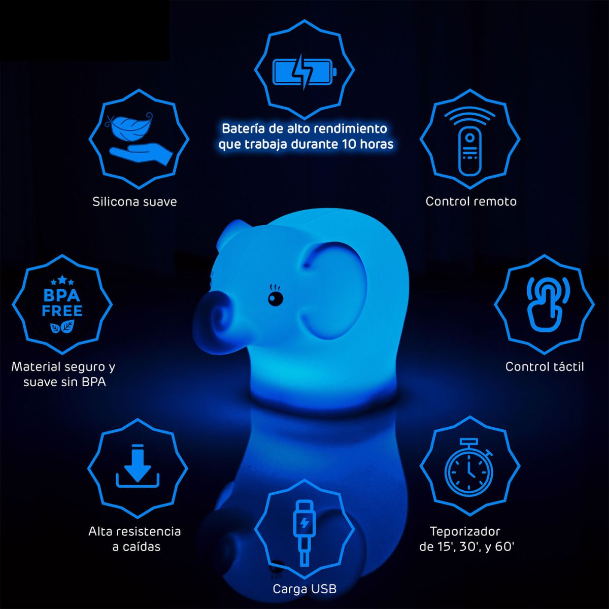 Luz nocturna de elefante azul. Características: silicona suave, sin BPA, carga USB, temporizador, mando a distancia.