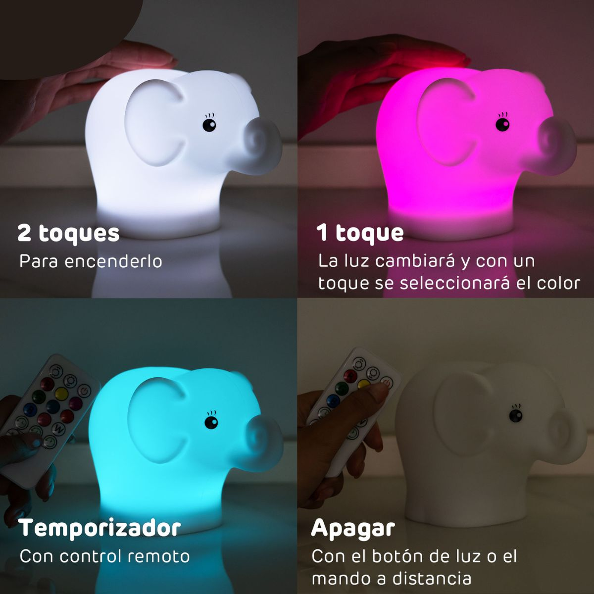Cuatro imágenes de una luz nocturna con forma de elefante con instrucciones.
