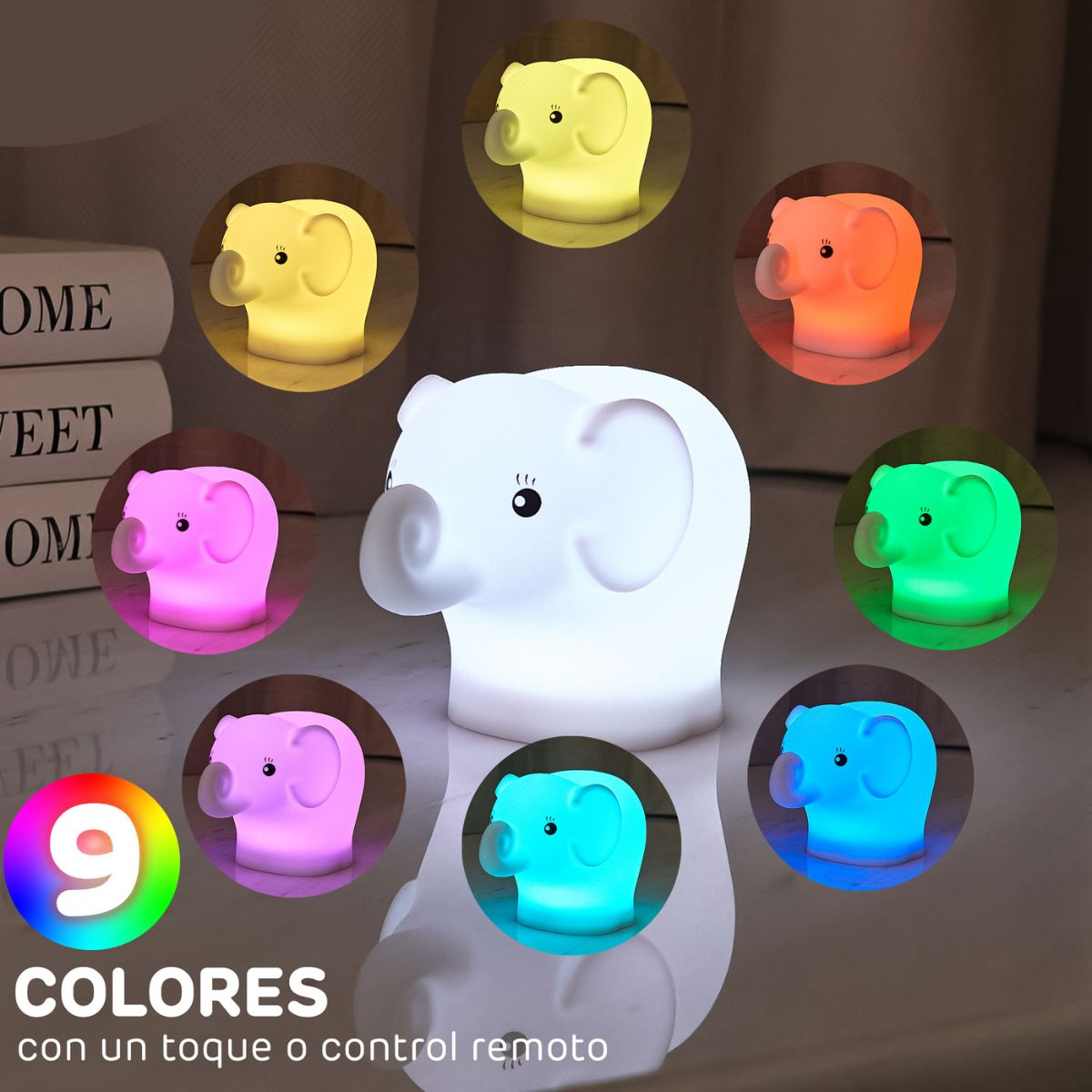 Nueve luces nocturnas con forma de elefante de colores. Un elefante blanco central está rodeado.