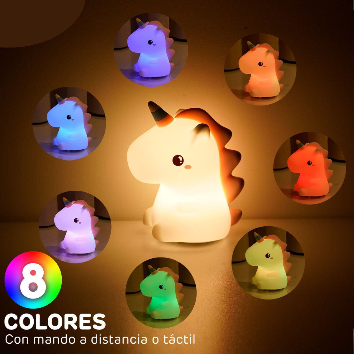 Lámpara de unicornio con ocho opciones de color. La lámpara es blanca y tiene base arcoíris.