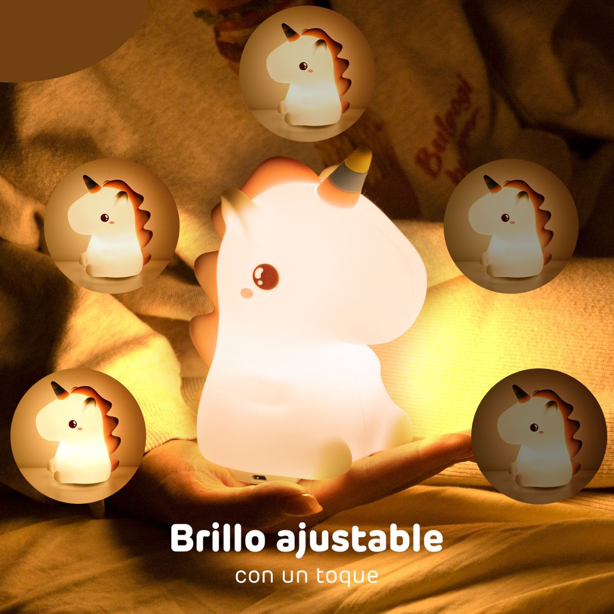 Lámpara de unicornio con múltiples imágenes y texto 'Brillo ajustable'.