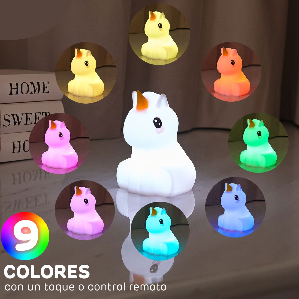 Una lámpara de unicornio blanco está rodeada por 8 lámparas de unicornio coloridas. Texto: '9 colores con toque o control remoto'.