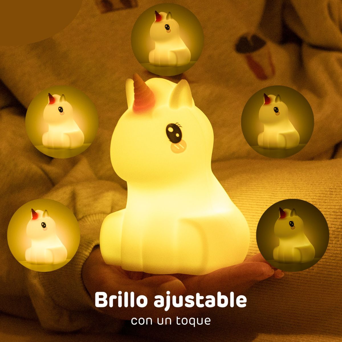 Luz de noche de unicornio brillante rodeada de formas de unicornio brillantes más pequeñas.