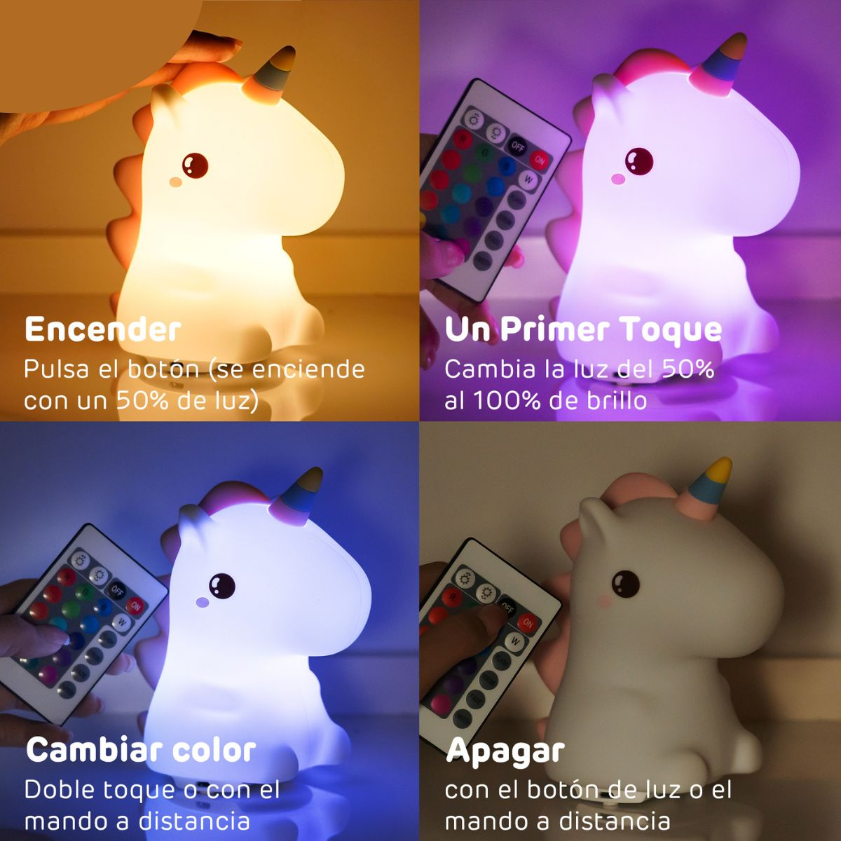 Luz de noche en forma de unicornio en diferentes modos de color, con mando.