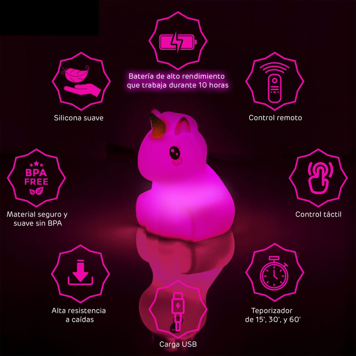 Luz de noche de unicornio rosa con iconos. Fondo blanco.