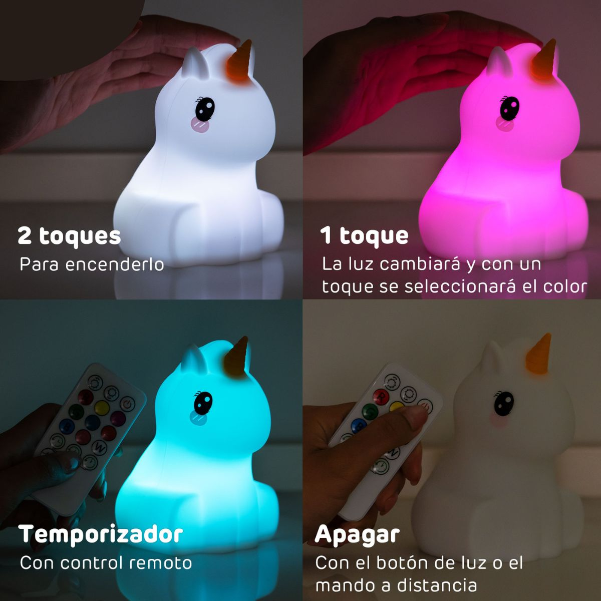 Lámpara de unicornio, con instrucciones de cambio de color en español.