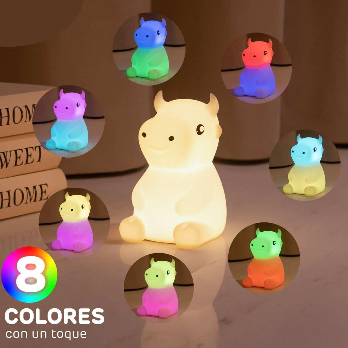 Una luz nocturna blanca con forma de vaca, rodeada de luces de colores.