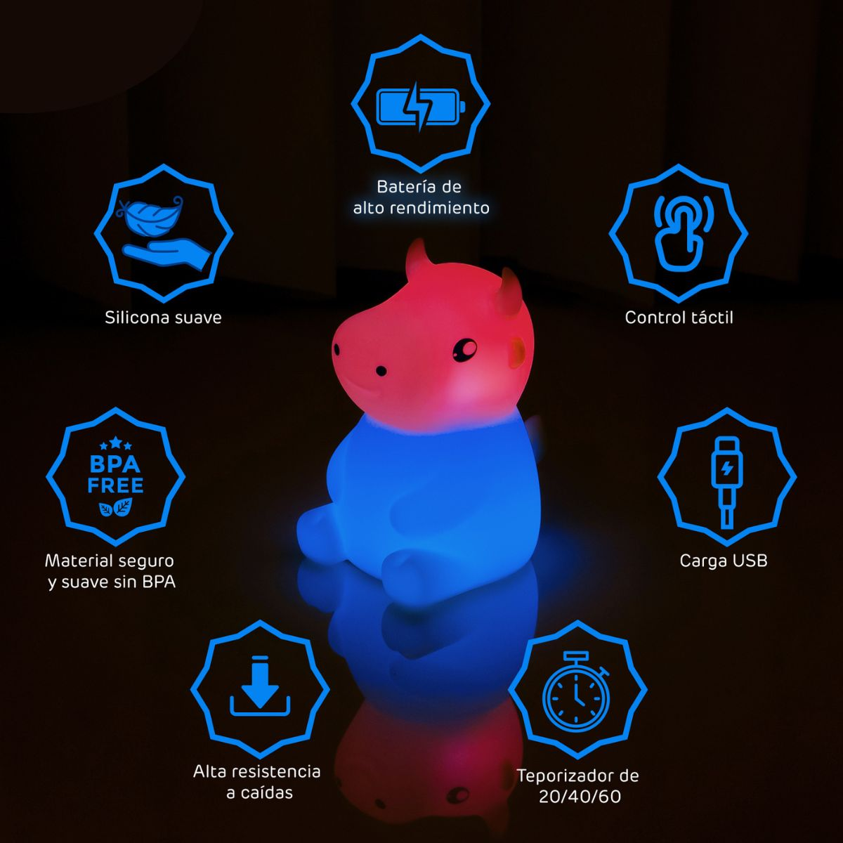 Juguete brillante azul y rojo. Es una lámpara con forma de vaca, con iconos y texto en español.