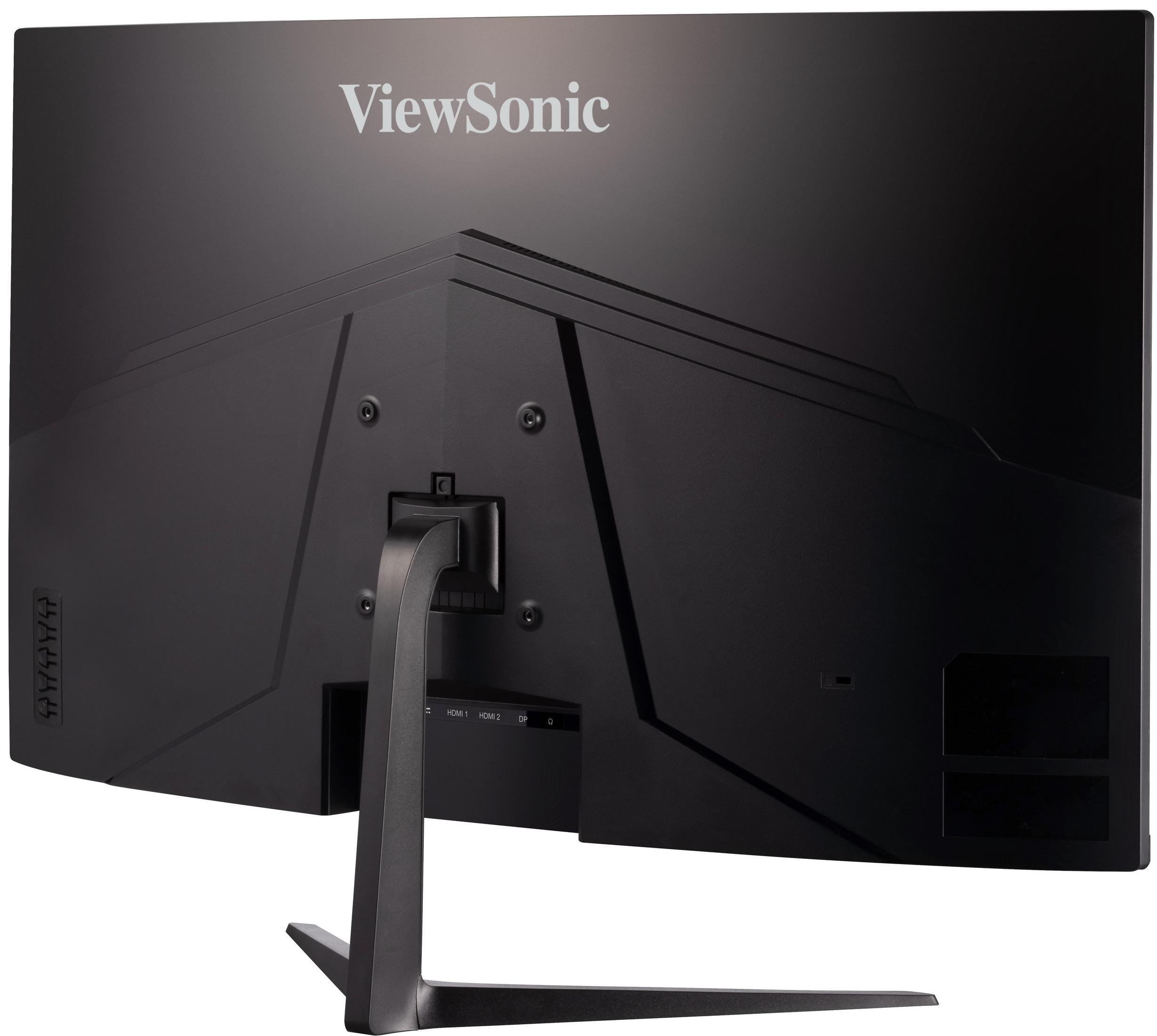 Rückansicht eines schwarzen ViewSonic-Monitors mit Anschlüssen und einem Ständer.