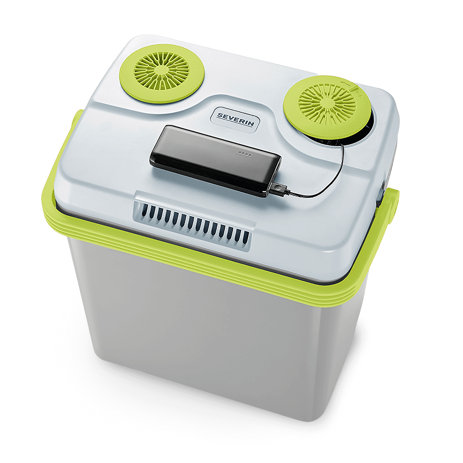 Biało-zielona chłodziarka z dwoma wentylatorami na górze. Czarne tło.