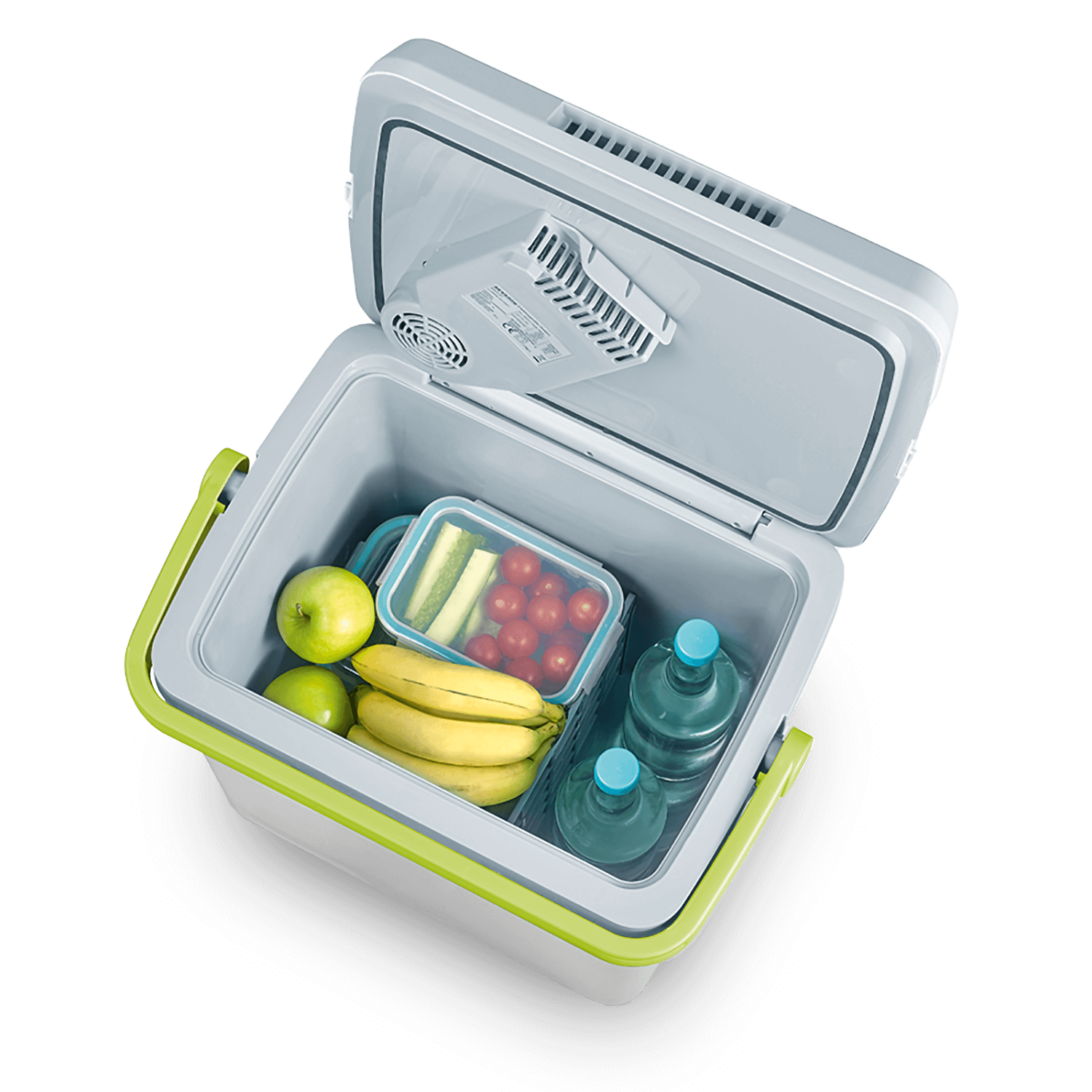 Przenośna chłodziarka z otwartą pokrywą, pokazująca produkty spożywcze: jabłka, banany, pomidory i butelki wody.